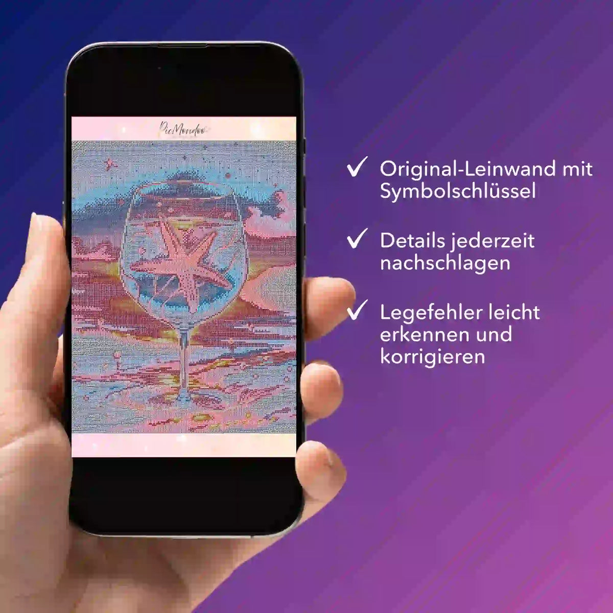 Digitale Diamond Painting Bildmappe für Seestern-Motiv auf Smartphone mit Symbolschlüssel für einfache Korrekturen
