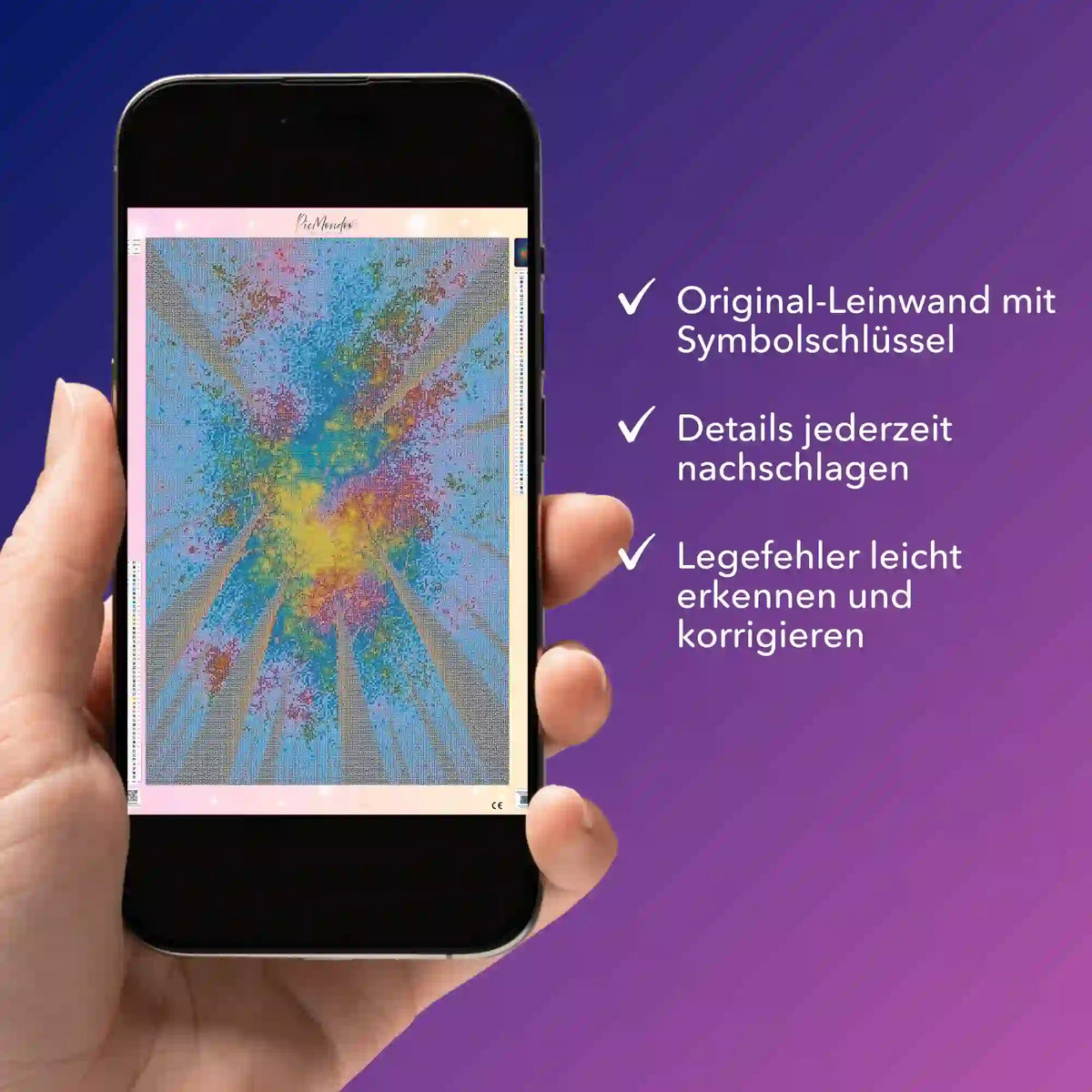 Digitale Diamond Painting Bildmappe auf Smartphone zur Kontrolle von Leinwand Details und Symbolsatz beim Basteln