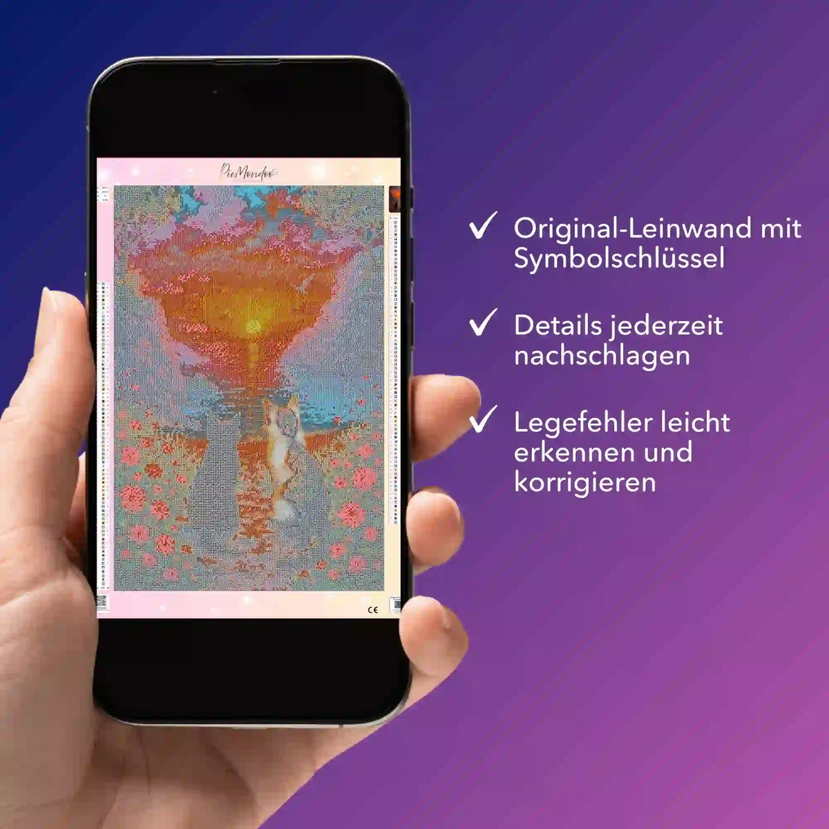 Digitale Diamond Painting Bildmappe als PDF auf Smartphone für das Motiv Wir zwei Katzen mit Symbolschlüssel