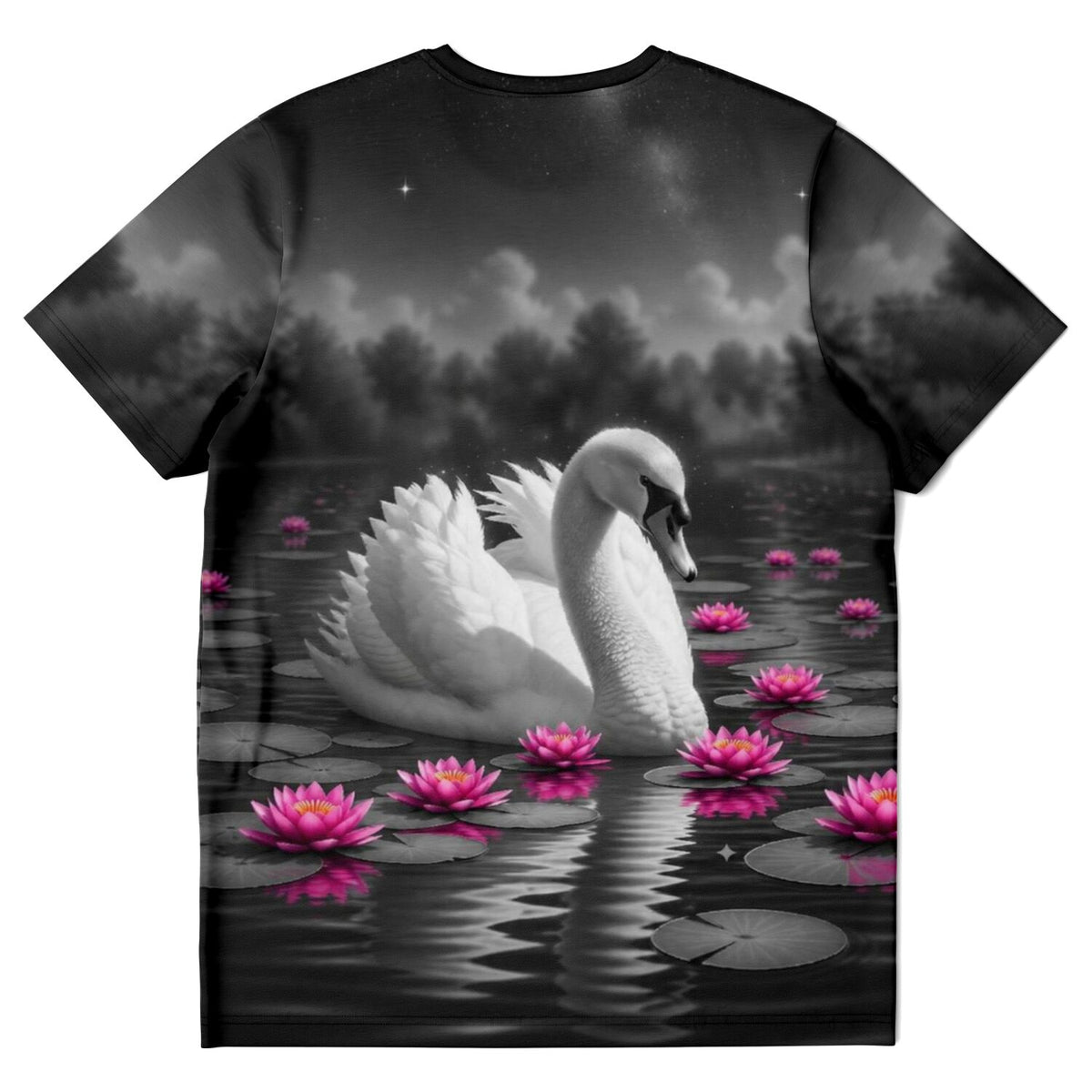 T-Shirt mit Schwan-Motiv im Seerosensee, ideal für Fans von Malen nach Zahlen und Diamond Painting Kunstwerken