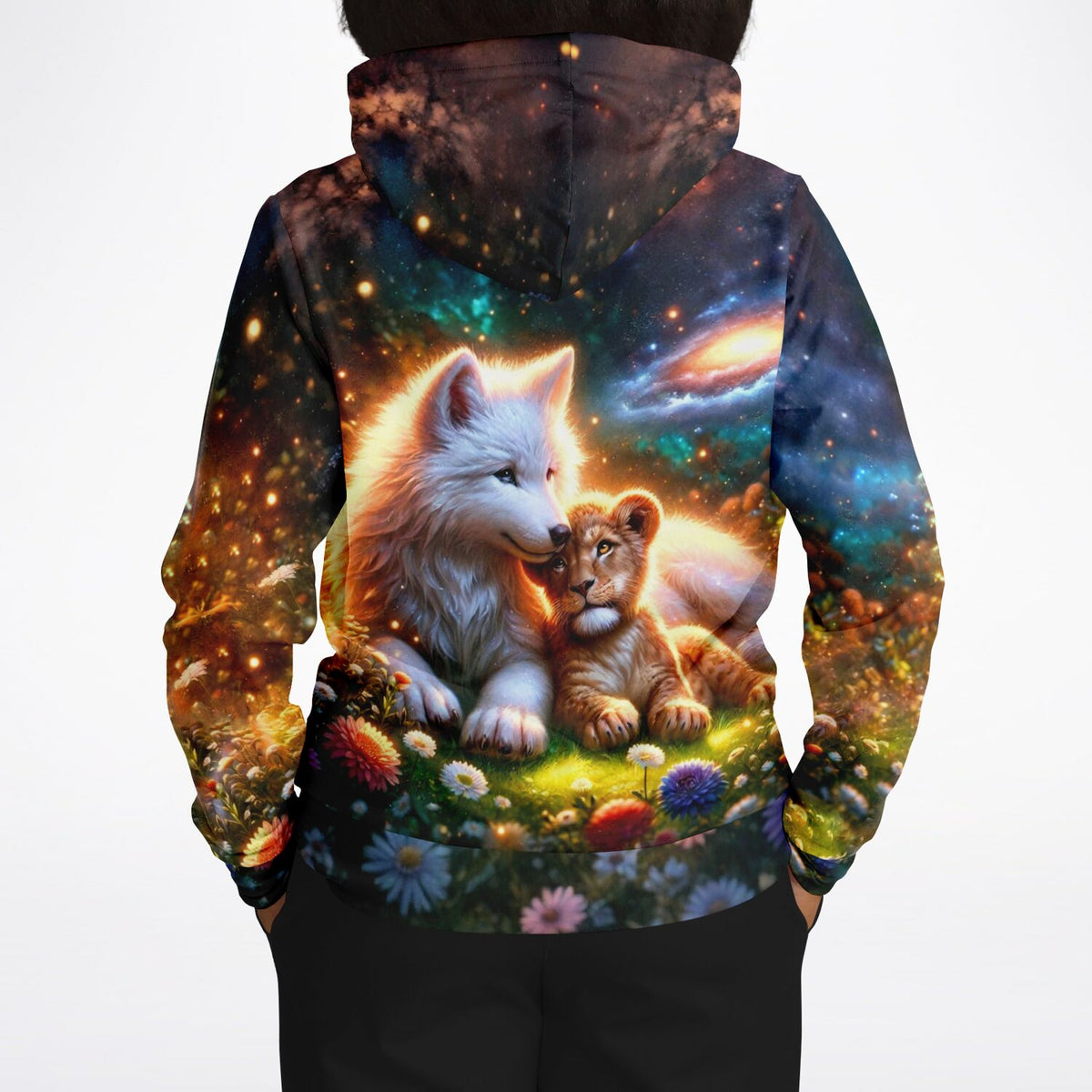 Hoodie mit Wolf und Löwenbaby im Weltraum-Design, ähnlich einem detaillierten Diamond Painting Motiv.