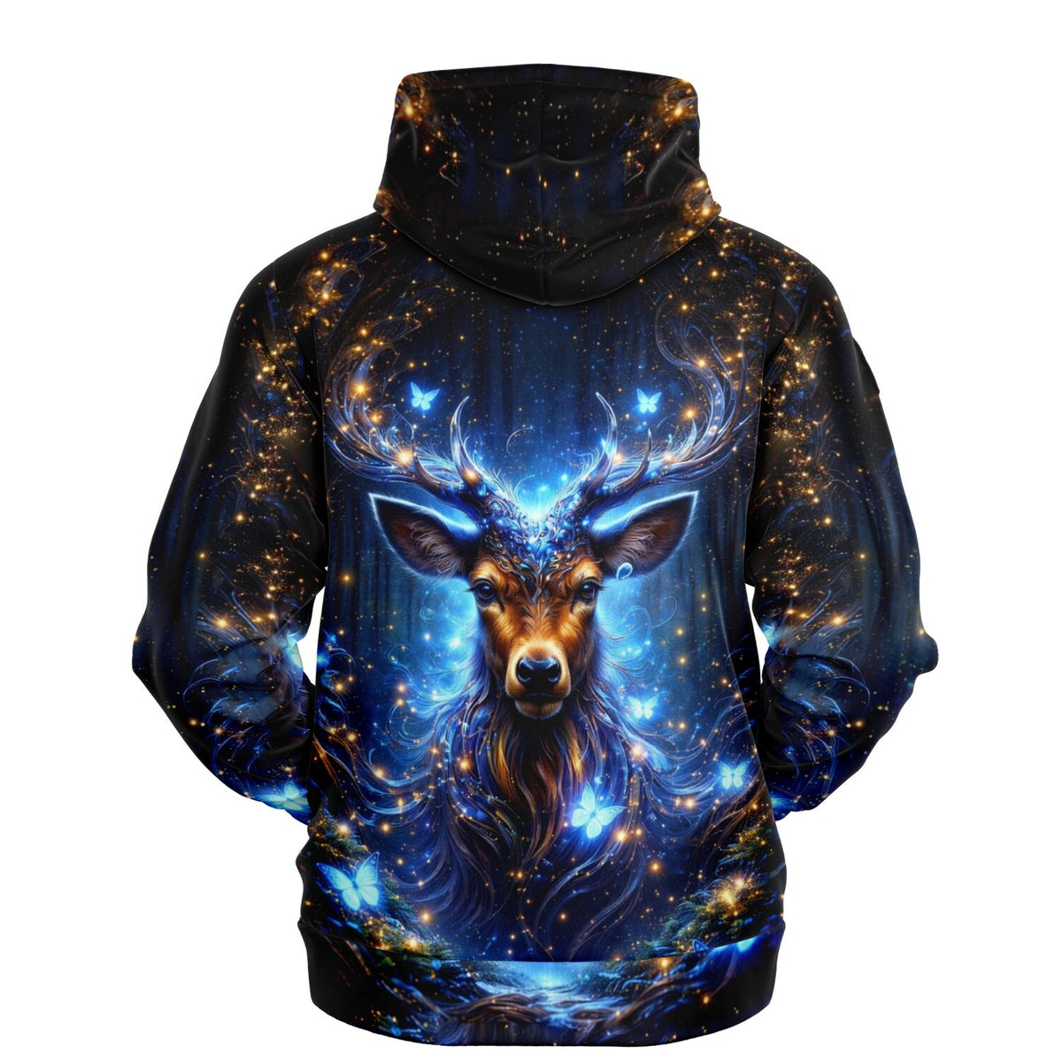 Dreamer Hoodie Wächter des Waldes mit magischem Hirsch-Motiv, blauen Schmetterlingen und leuchtenden Lichteffekten