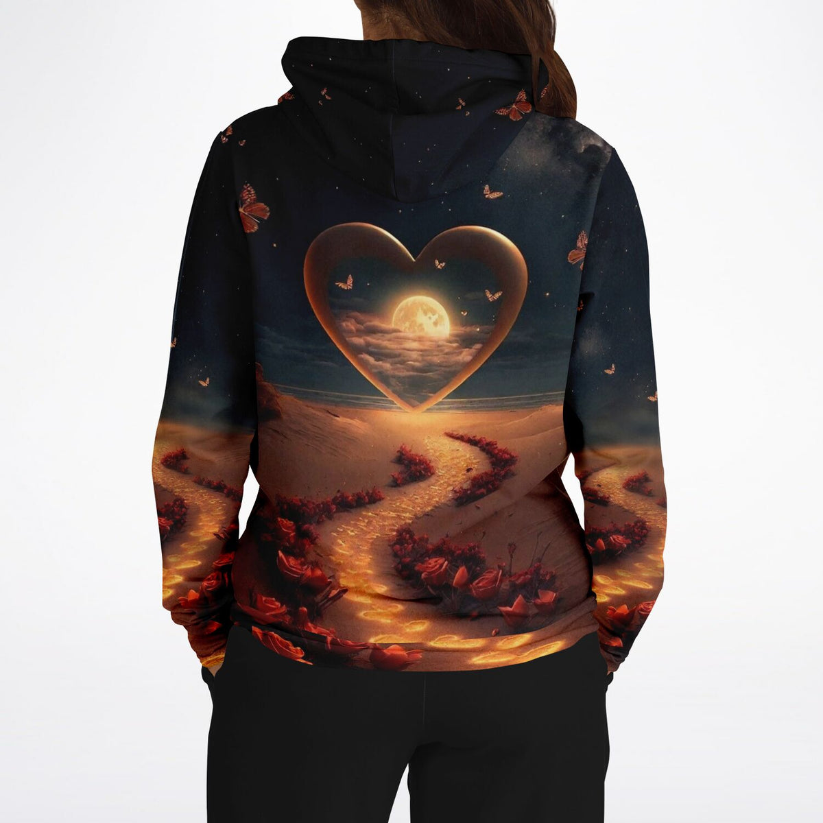 Dreamer Hoodie Weg der Liebe mit Herz-Motiv, Vollmond und Rosenpfad im All-Over-Print Design für Kunst-Liebhaber