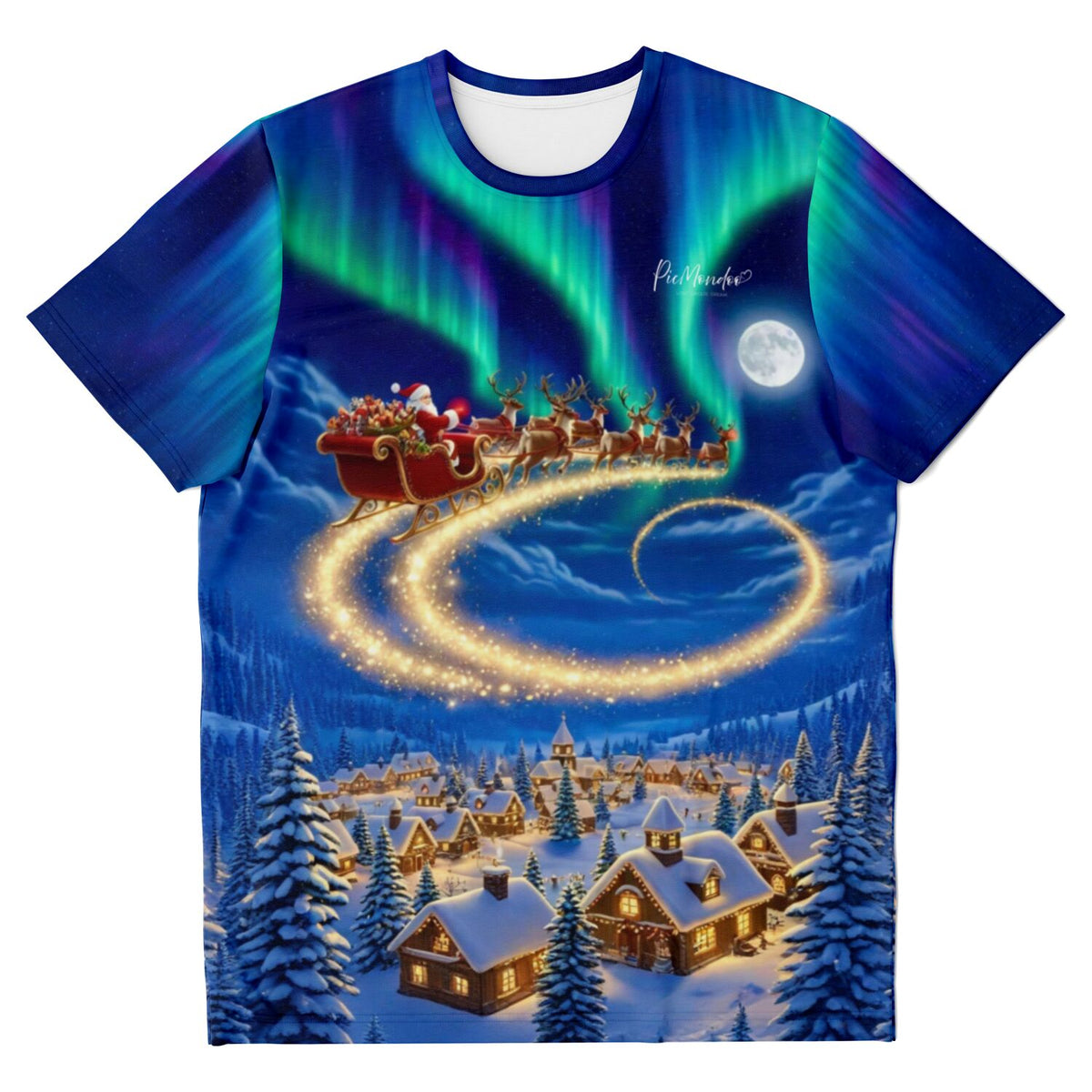 Weihnachtliches Dreamer T-Shirt mit fliegendem Weihnachtsmann, Rentierschlitten, Nordlichtern und verschneitem Dorf