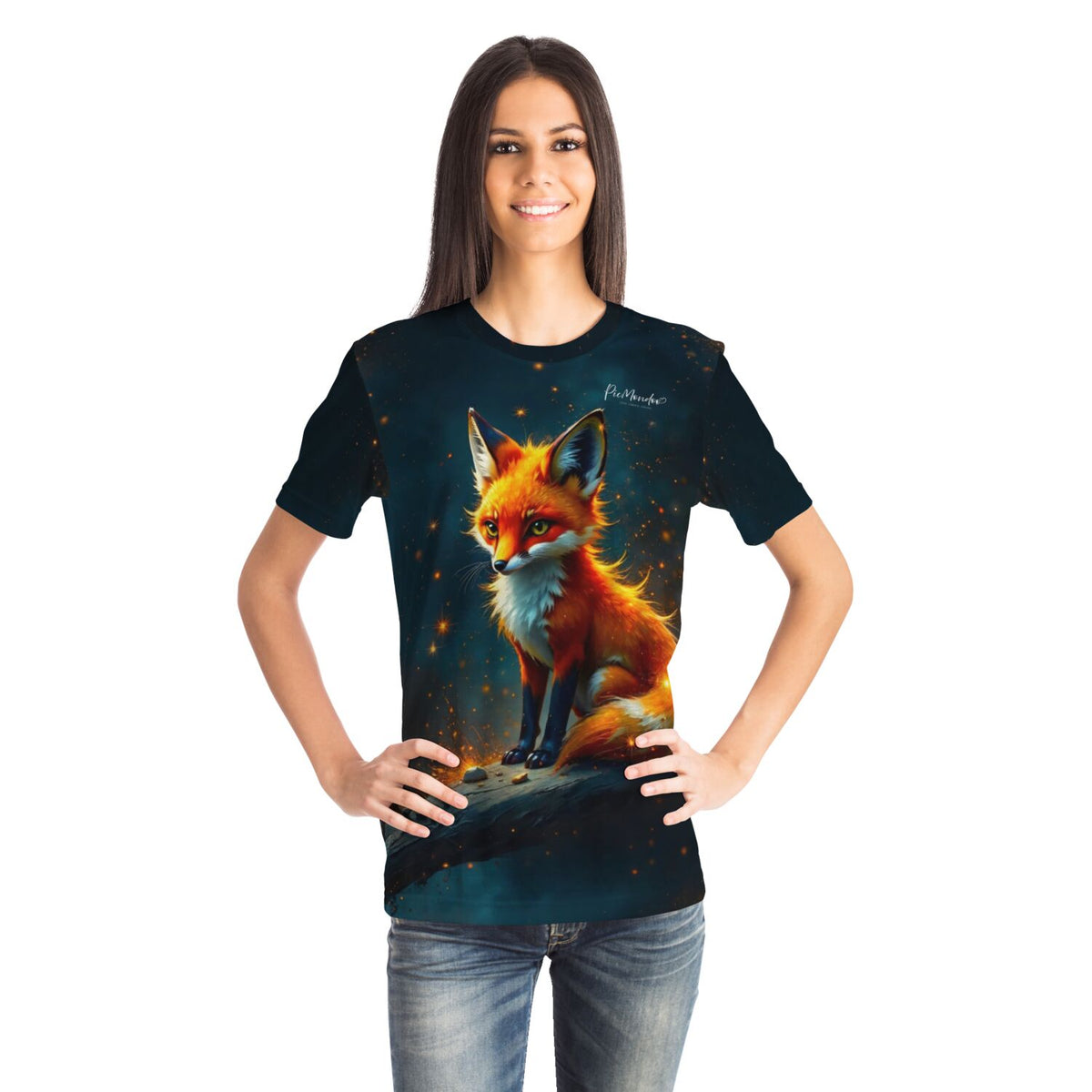 Frau trägt Dreamer T-Shirt mit leuchtendem Fuchs-Motiv, inspiriert von populären Diamond Painting und Basteldesigns