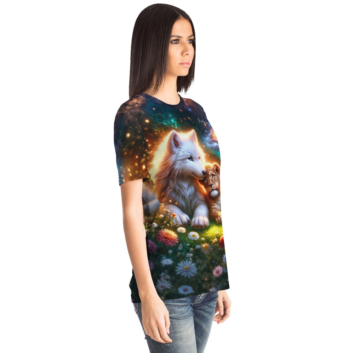 Frau trägt Dreamer T-Shirt mit Fenris & Solaris Motiv, inspiriert von Diamond Painting Kunst und Malen nach Zahlen Designs.