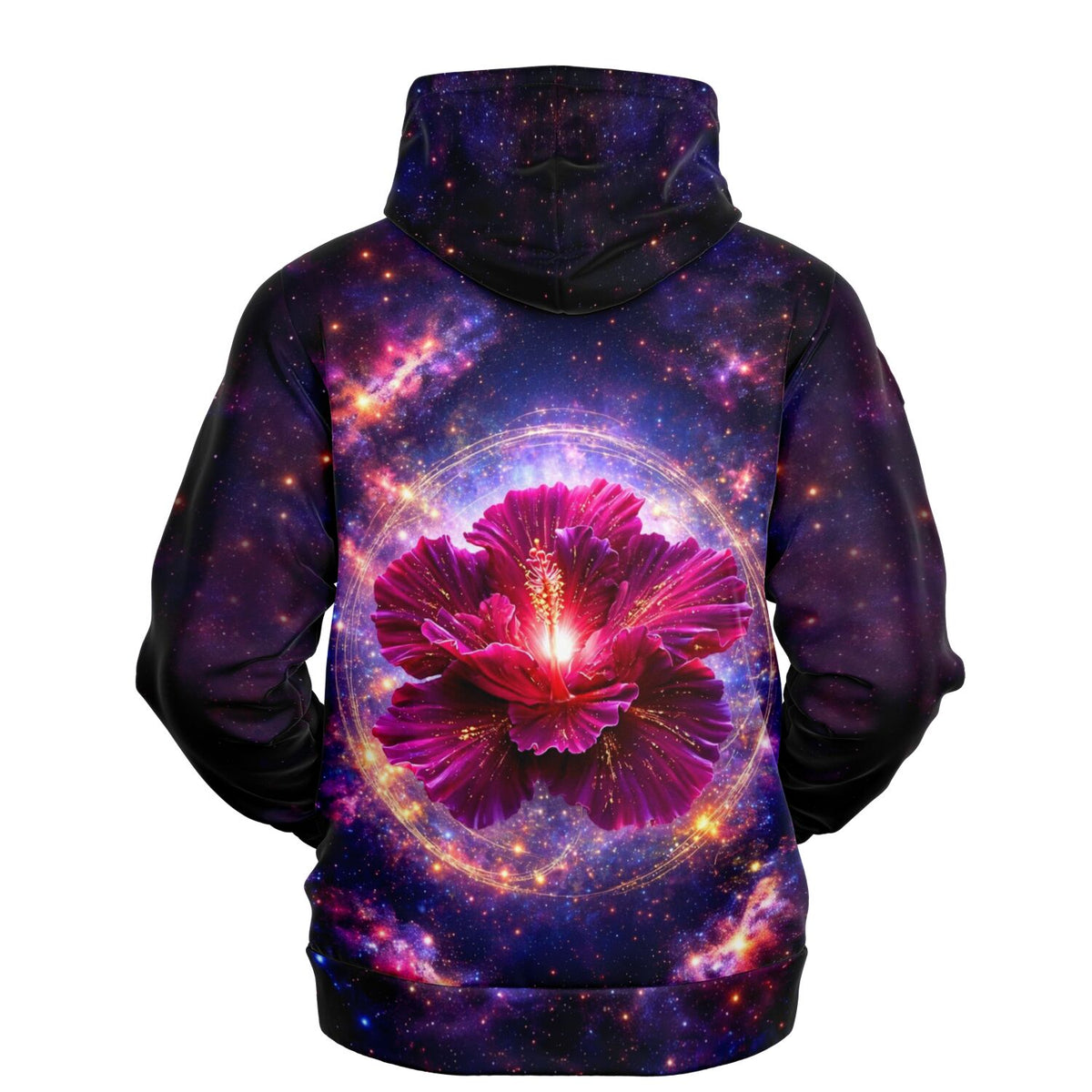 Dreamer Hoodie mit leuchtender Hibiskusblüte im Weltraum-Design für Fans kreativer Kunst und Diamond Painting Optik