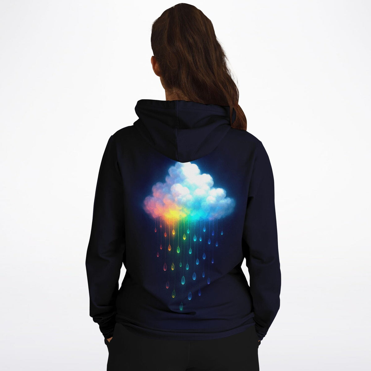 Dunkelblauer Dreamer Hoodie mit Regenbogenwolke und farbigen Regentropfen als hochwertiger All-Over-Print