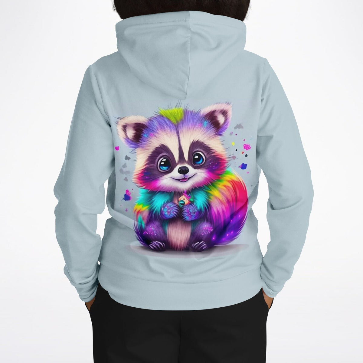 Hellblauer Hoodie mit buntem Waschbär-Motiv im Stil von Diamond Painting und Malen nach Zahlen Kunstwerken