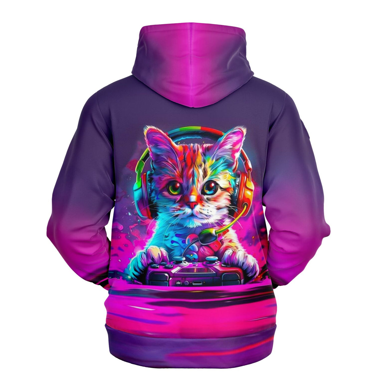 Hoodie mit buntem Gaming-Katzen Motiv, farbenfroher Druck mit Kopfhörer und Controller auf violettem Hintergrund