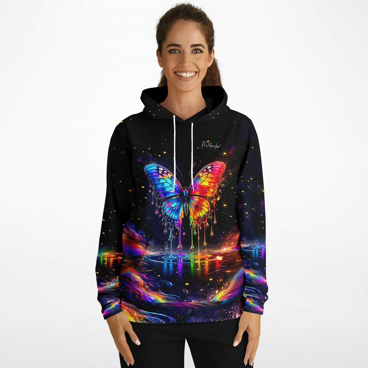 Schwarzer Damen-Hoodie mit buntem Waterdrop-Schmetterling im Stil unserer Diamond Painting und Malen nach Zahlen Motive