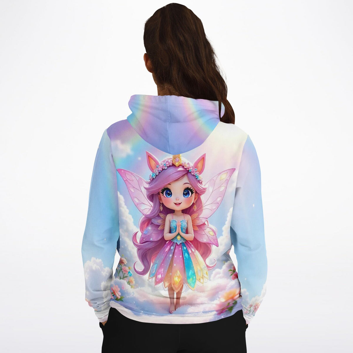 Dreamer Hoodie mit Fee im Wolkenreich Motiv in bunten Farben, passend zu Diamond Painting und Malen nach Zahlen Sets.