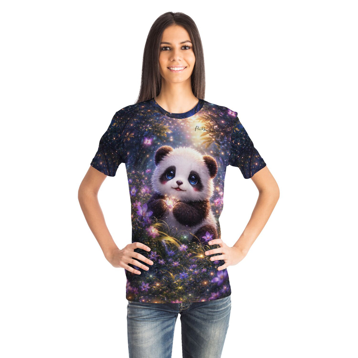 Frau trägt T-Shirt mit niedlichem Panda Motiv im Stil von Diamond Painting und Malen nach Zahlen Kunstwerken