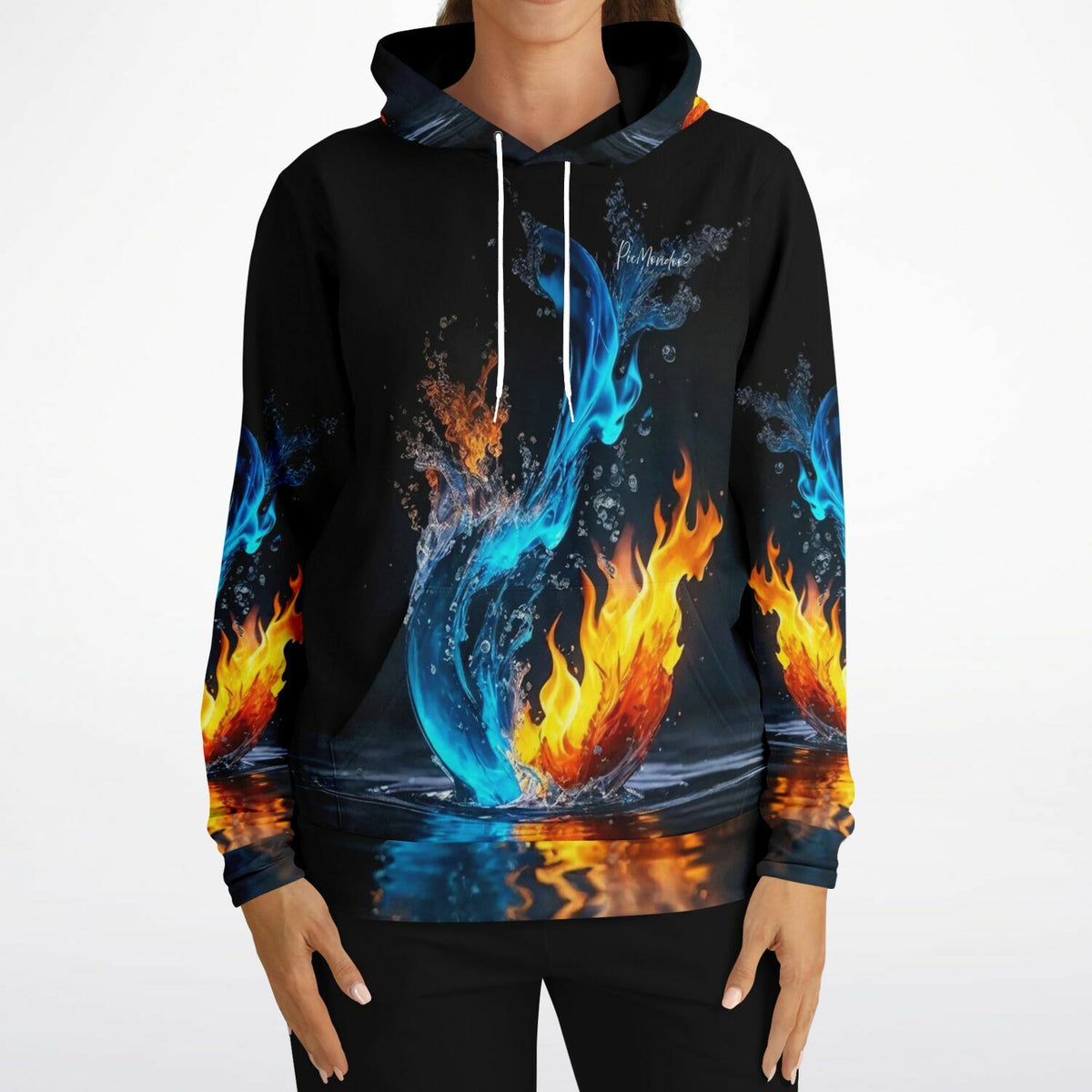 Schwarzer Dreamer Hoodie mit Feuer und Wasser Motiv, passend zum künstlerischen Stil von Diamond Painting Designs.
