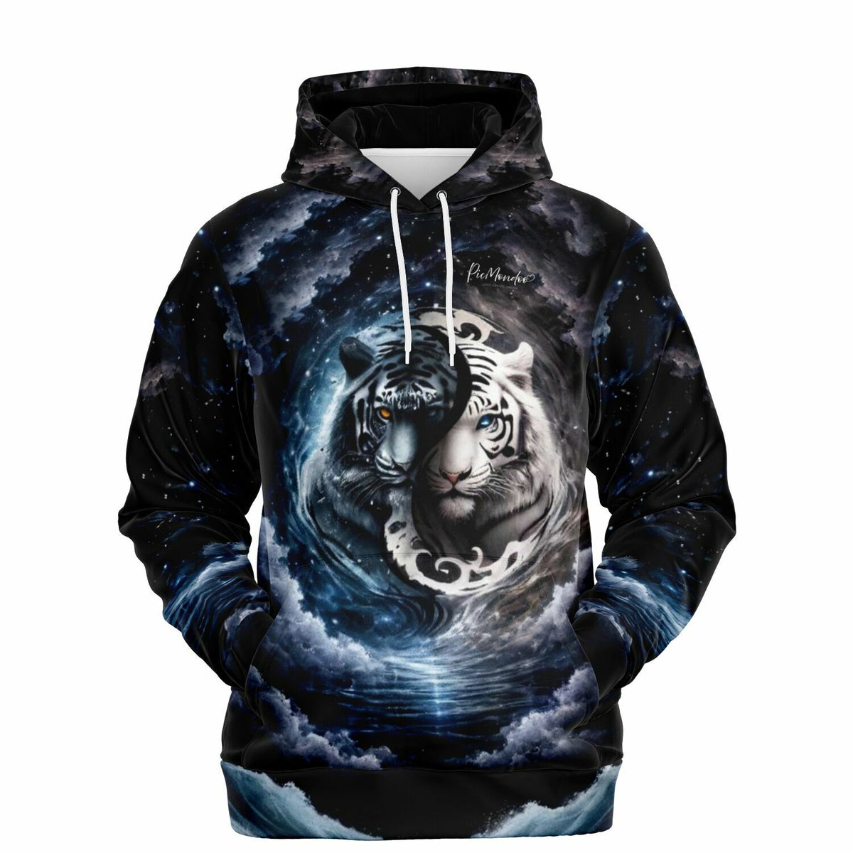 Schwarzer Hoodie mit Tiger Ying und Yang Motiv im Weltraum-Design für Fans von Diamond Painting und Kunststilen