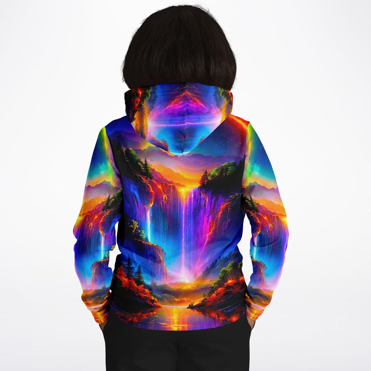 Dreamer Hoodie mit farbenfrohem Nachtleuchten-Motiv und leuchtender Wasserfall-Landschaft im All-Over-Print