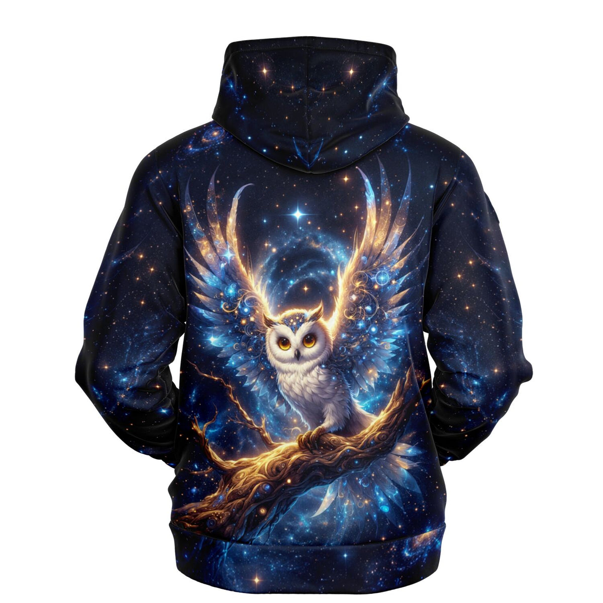 Hoodie mit Eulen-Motiv im Galaxie-Design, hochwertiger All-over-Print ähnlich beliebten Diamond Painting Kunstwerken.