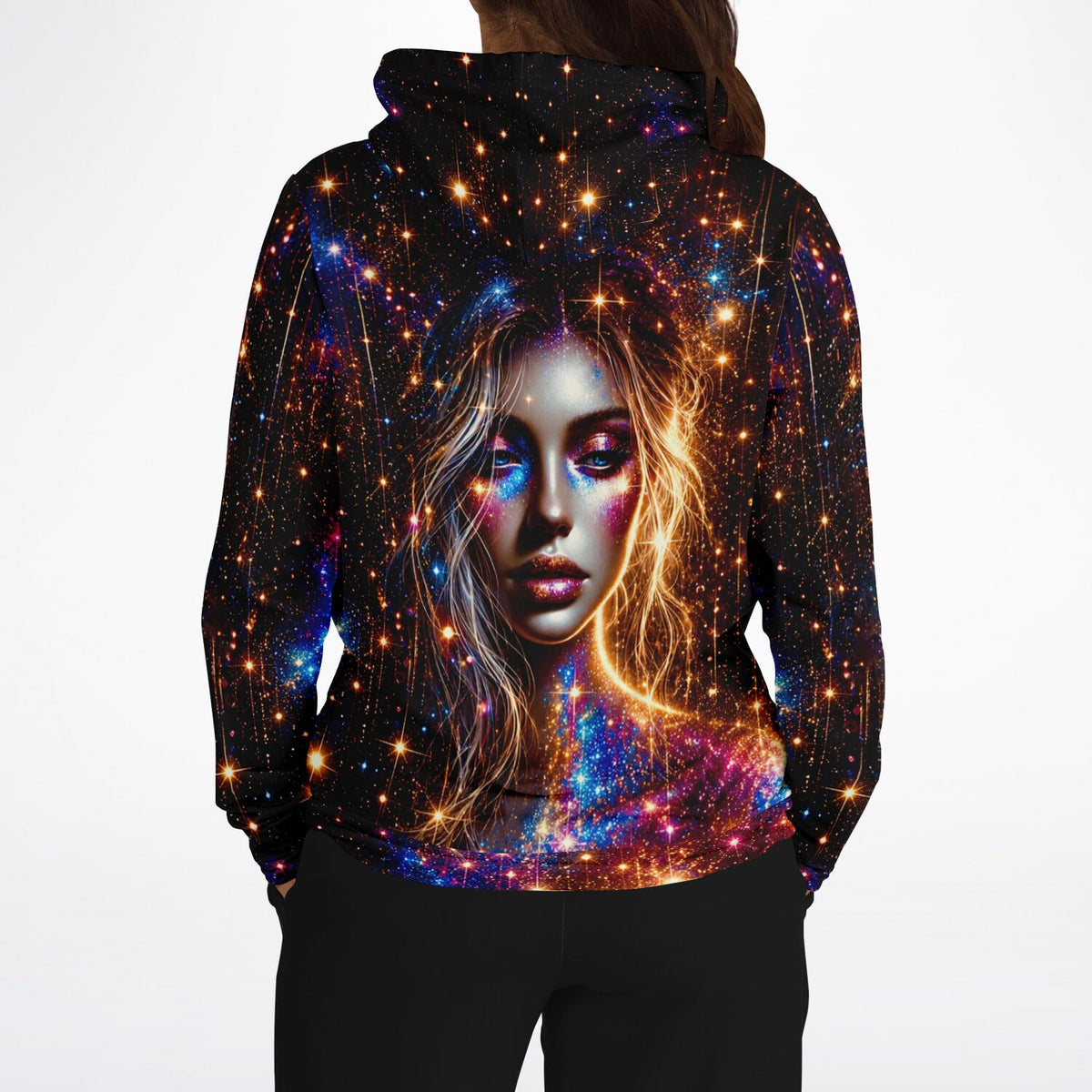 Hoodie mit kosmischem Galaxy-Print einer Frau, im Design inspiriert durch Diamond Painting und Malen nach Zahlen Motive
