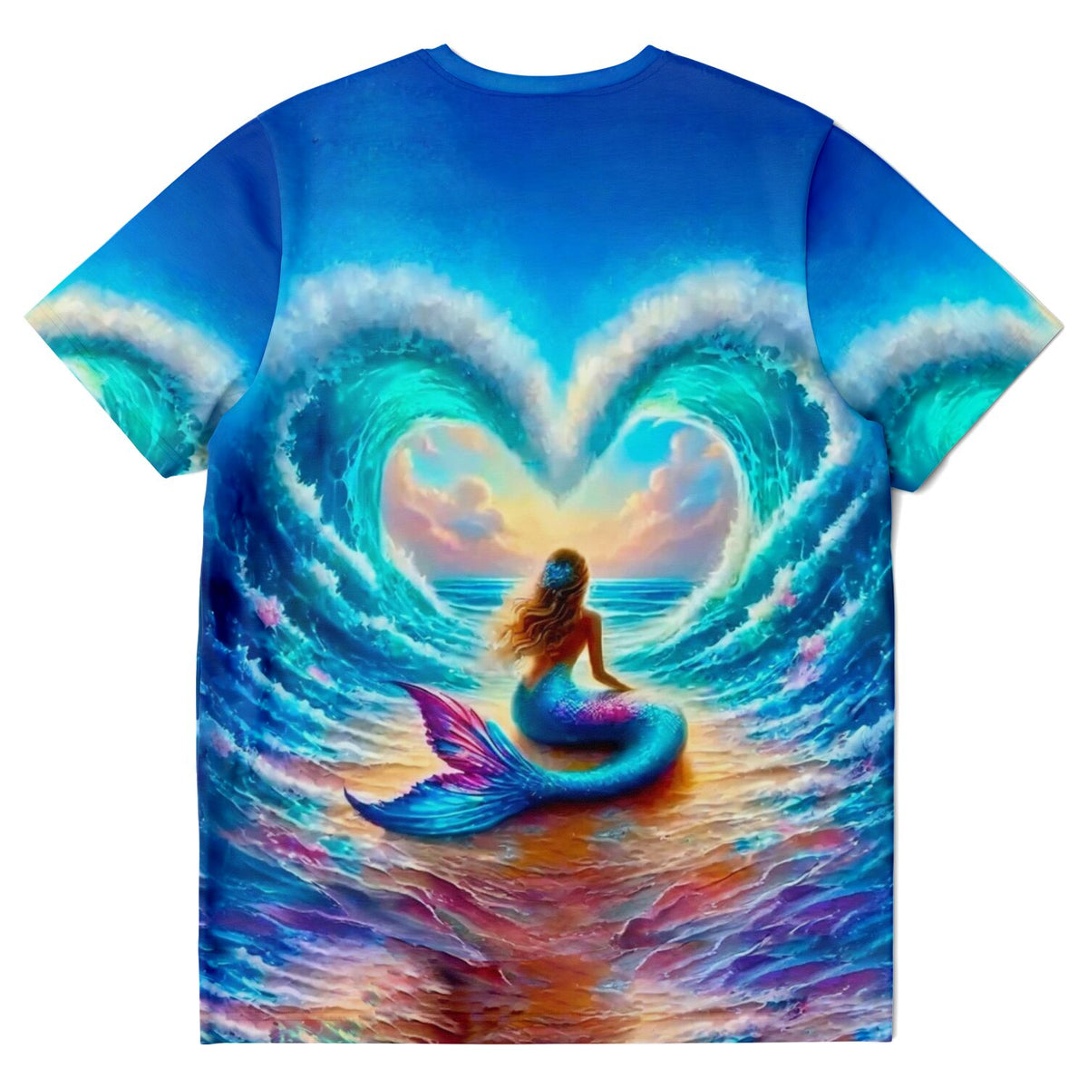 T-Shirt mit Meerjungfrau-Motiv, herzförmiger Meereswelle und bunten Farben, inspiriert durch Diamond Painting Kunst