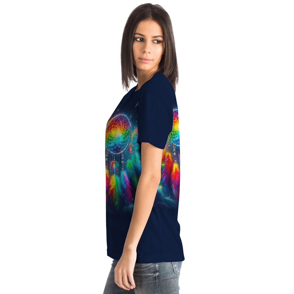 Dunkelblaues T-Shirt mit farbenfrohem Dreamcatcher-Motiv und Federn, passend zum Stil von Diamond Painting Art