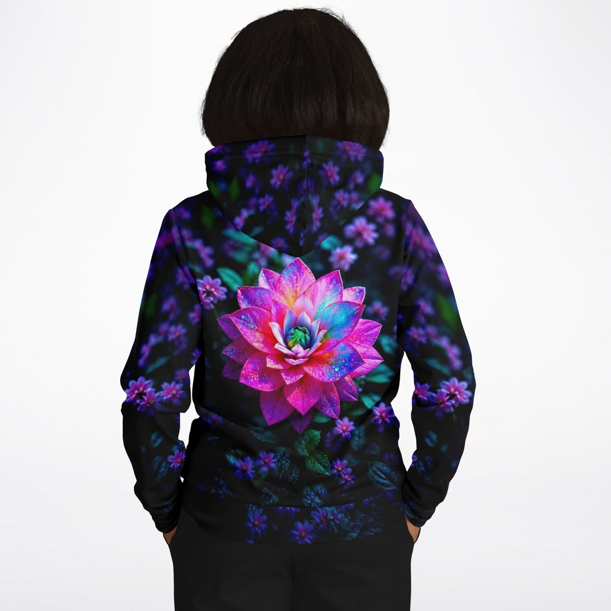 Dreamer Hoodie mit Sternenstaub Lotus Blumen Motiv in leuchtenden Farben, hochwertiger All-Over-Print für Kunstfans