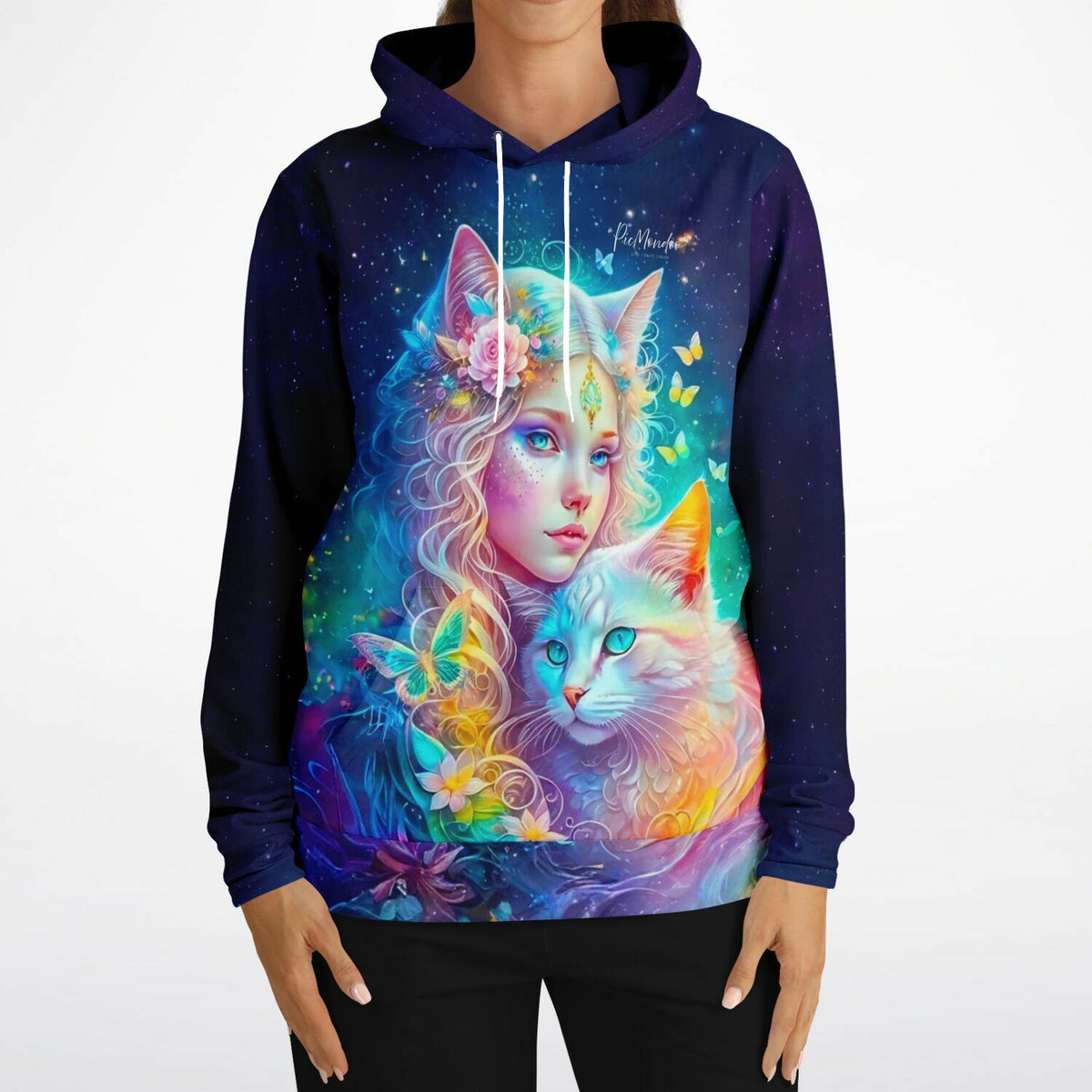 Dreamer Hoodie Katzenelfe mit buntem Fantasy-Motiv, inspiriert von Diamond Painting Kunstwelten.