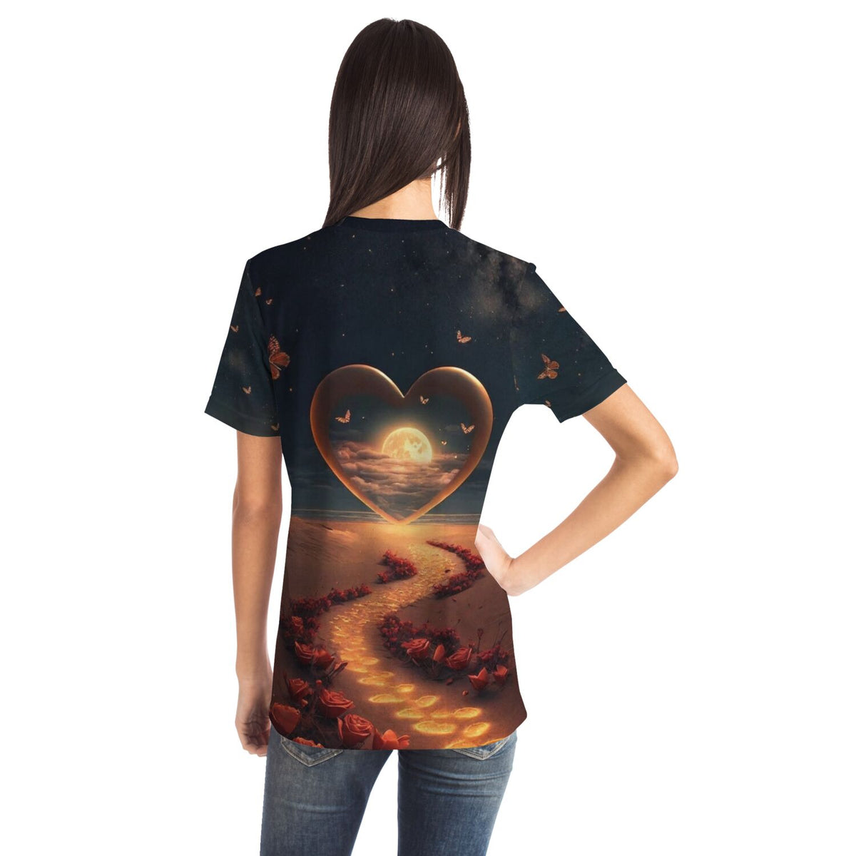 Dreamer T-Shirt Weg der Liebe mit Herz-Motiv, Vollmond und Rosenweg, perfekt für Fans von Diamond Painting und Kunst