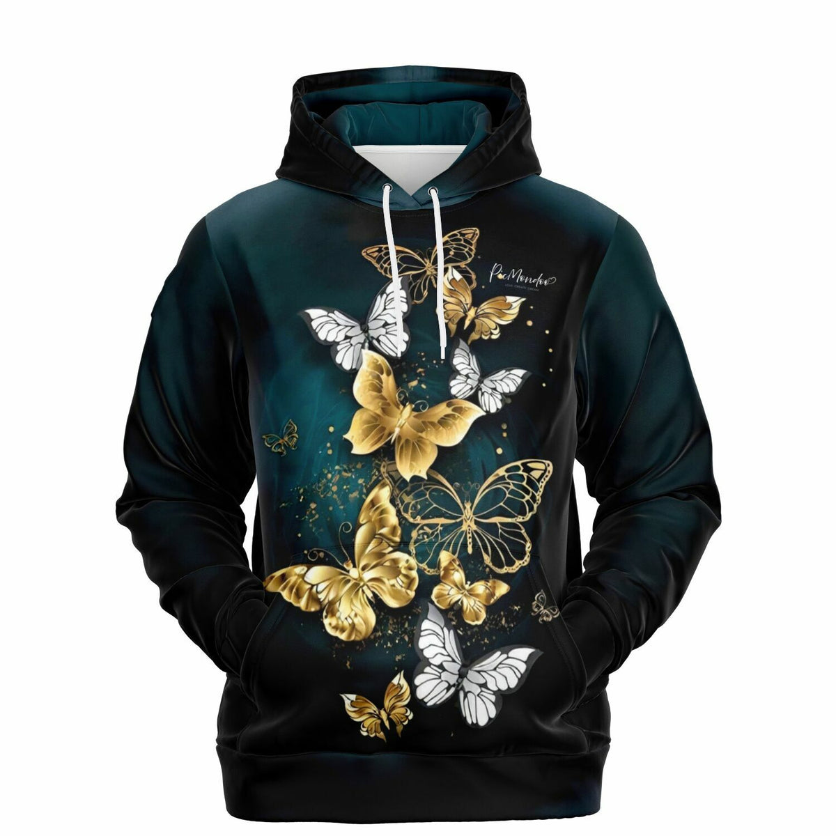 Schwarzer Hoodie mit elegantem Goldene Schmetterlinge Motiv, passend für Fans von Diamond Painting und DIY-Kunstwerken