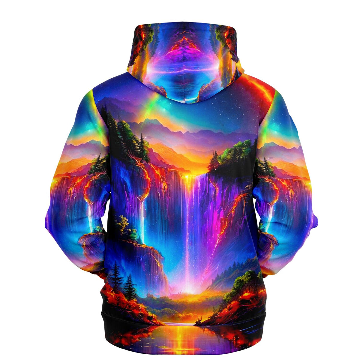 Dreamer Hoodie mit farbenintensivem Nachtleuchten-Wasserfall Motiv im Allover-Druck für Fans kreativer Kunstdesigns.