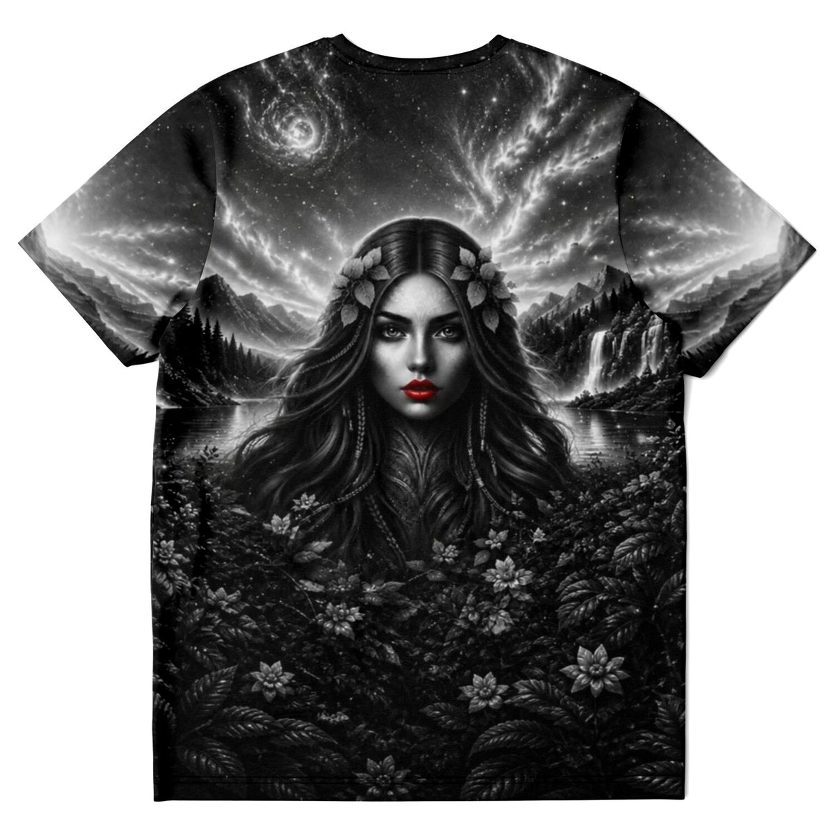 Dreamer T-Shirt mit schwarz-weißem Fantasy-Motiv einer Frau, floralem Hintergrund und leuchtend roten Lippen.