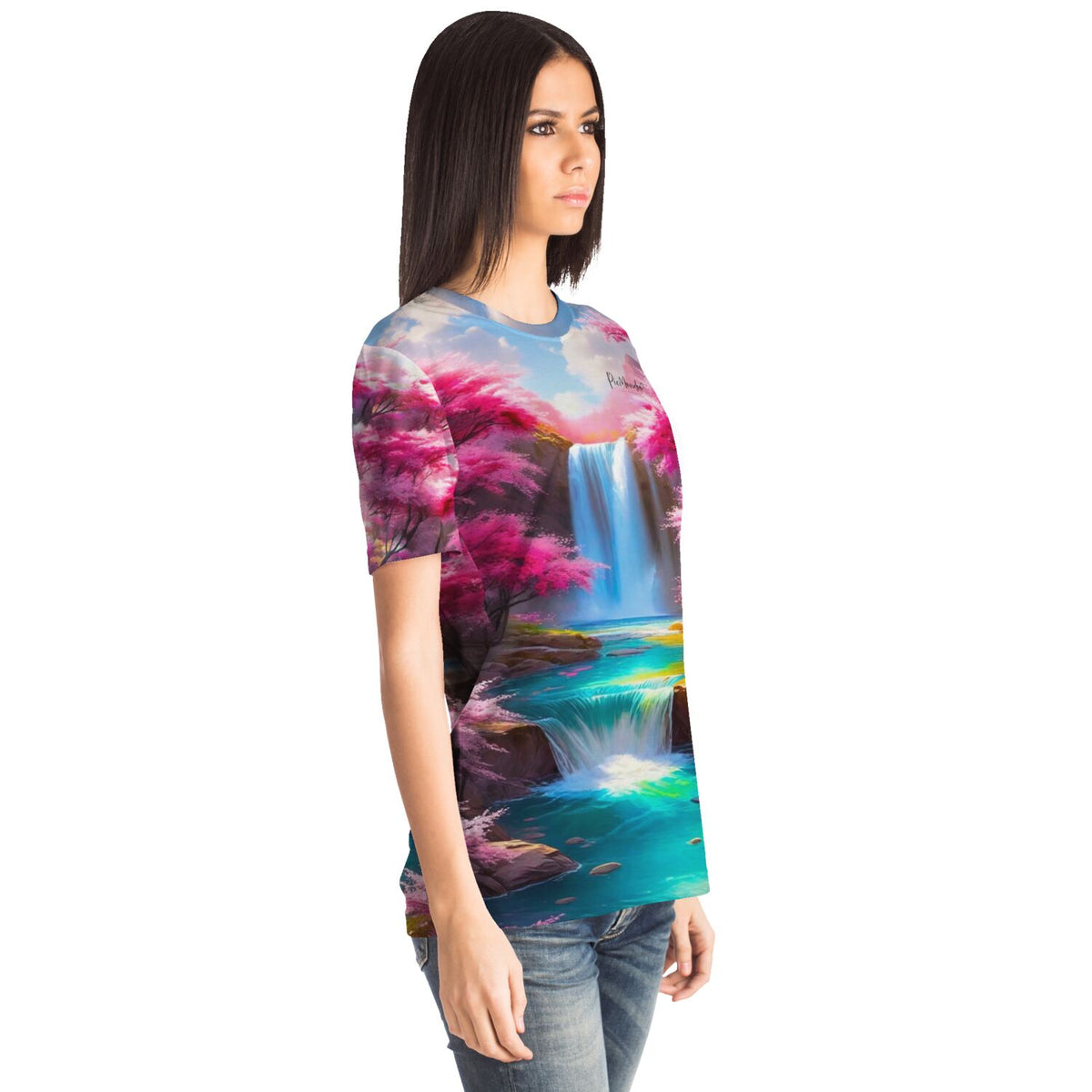 T-Shirt mit Kirschblüten am Wasserfall Motiv, inspiriert von Diamond Painting und Malen nach Zahlen Designs