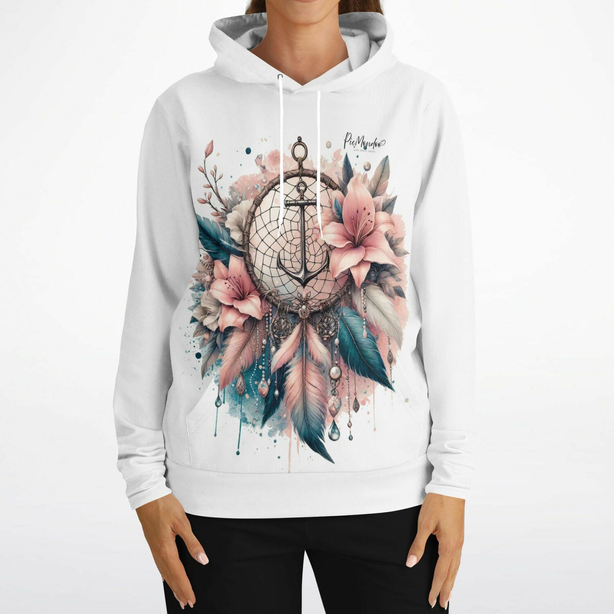 Weißer Hoodie mit Dream Anker Motiv, inspiriert durch Diamond Painting Kunst mit Federn, Blumen und maritimen Details.