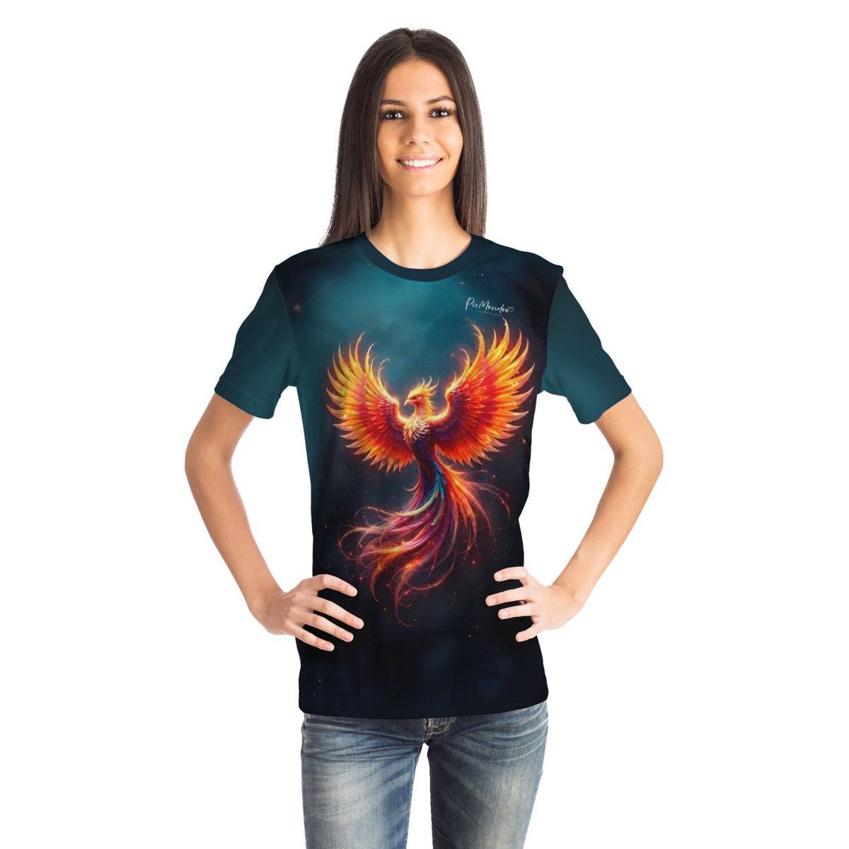 Frau trägt ein schwarzes T-Shirt mit leuchtendem Phönix-Motiv im Stil von Diamond Painting und Malen nach Zahlen Kunst