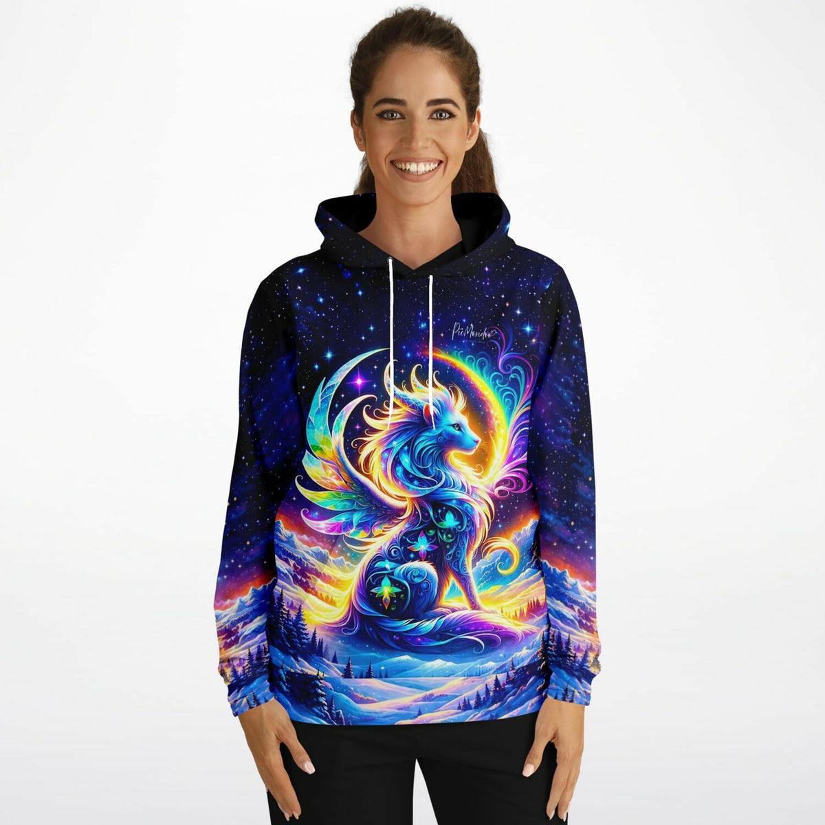 Dreamer Hoodie Monja Hüterin der Berge mit buntem Fantasie-Wolf-Motiv, passend zu Diamond Painting und Malen nach Zahlen