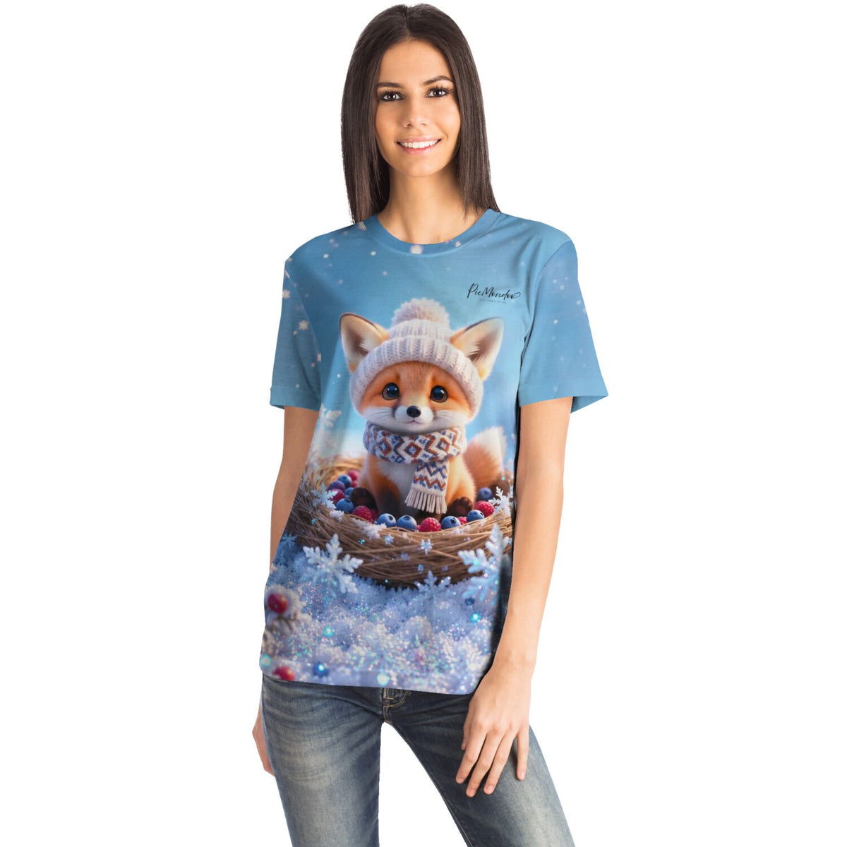 Frau trägt blaues Fan-T-Shirt mit niedlichem Fuchs-Motiv, inspiriert von Diamond Painting und Malen nach Zahlen Designs
