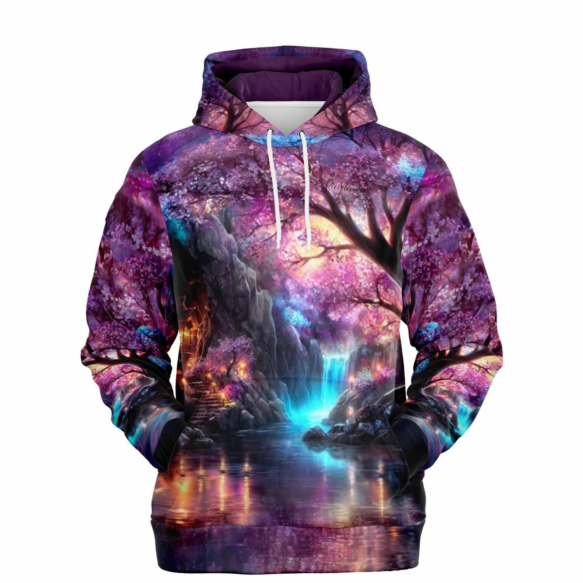 Dreamer Hoodie Das Licht der Sakura mit violettem Kirschblüten-Motiv, Wasserfall und künstlerischer Landschaft bei Nacht