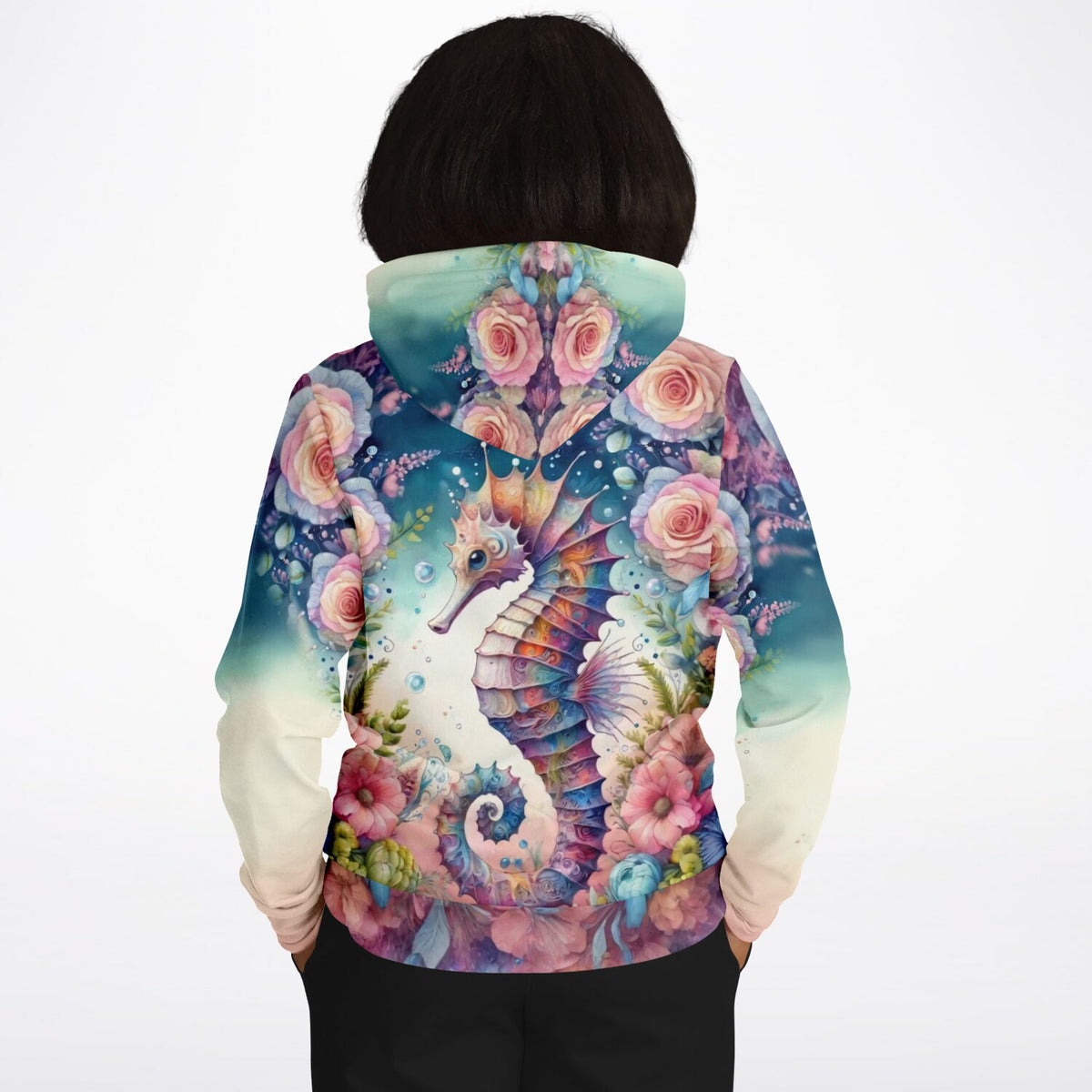 Dreamer Hoodie mit farbenfrohem Seepferdchen und Blüten Motiv, ideal für Fans von kreativem Design und Kunst.