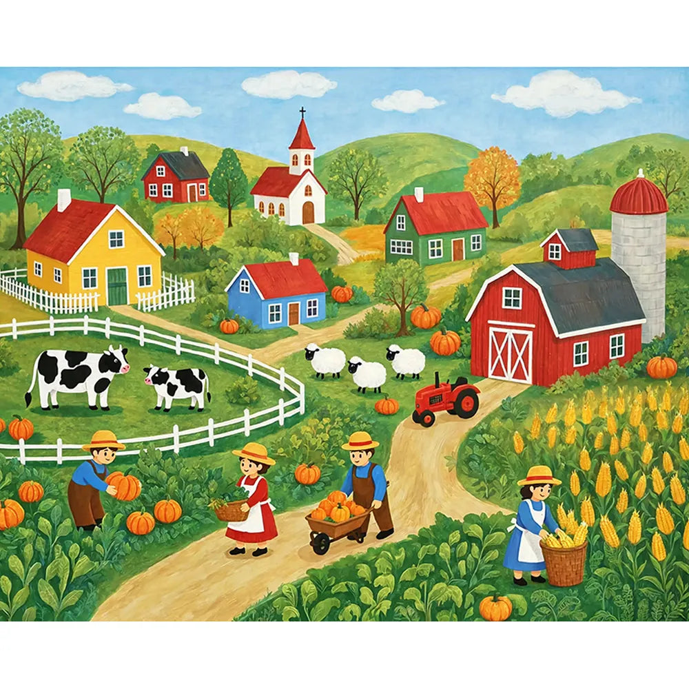 Malen nach Zahlen für Erwachsene Motiv Ernteglück mit Bauernhof, Kürbissen, Tieren und Menschen in ländlicher Idylle
