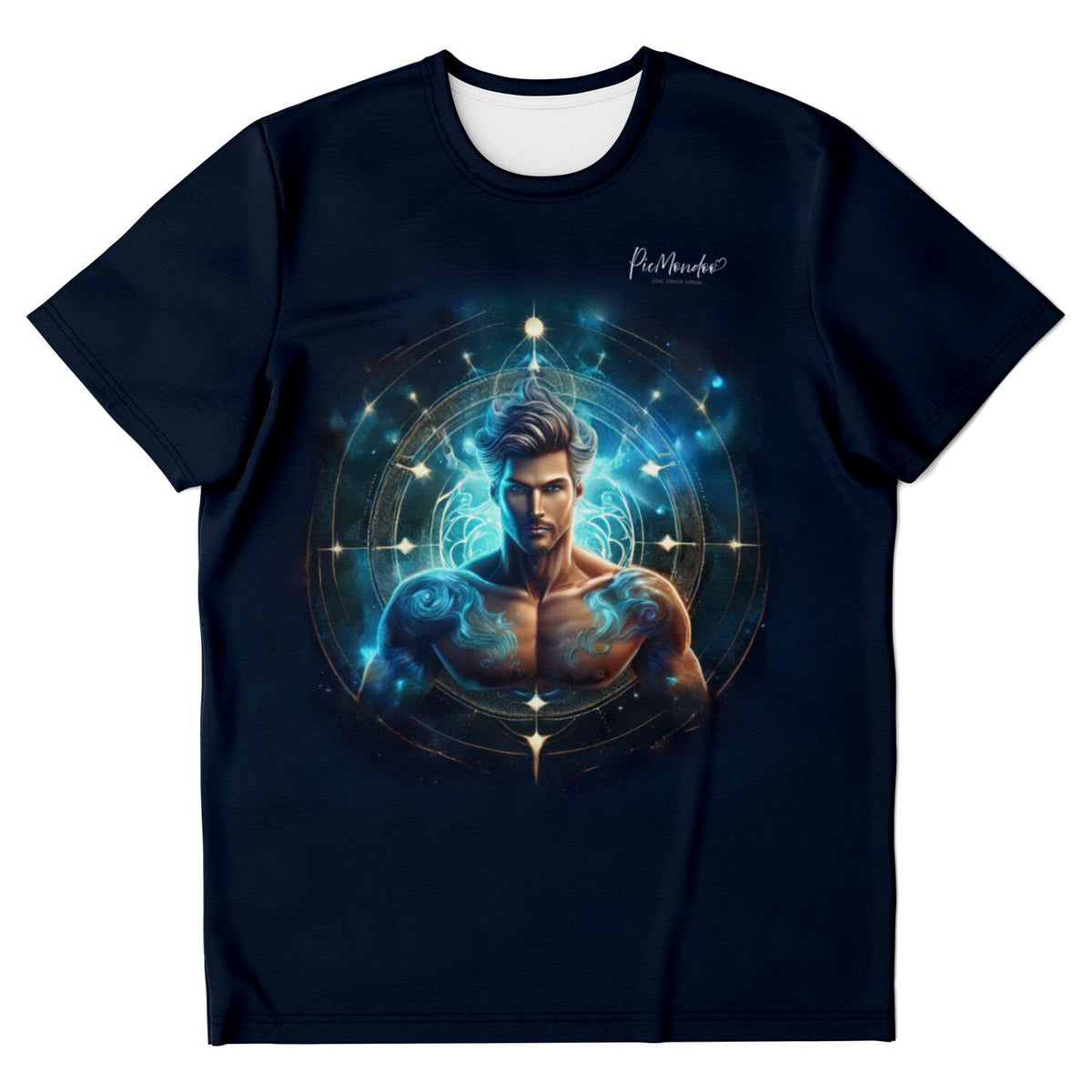 Dunkelblaues Dreamer T-Shirt mit mystischem Wassermann-Sternzeichen-Motiv und magischen Lichteffekten