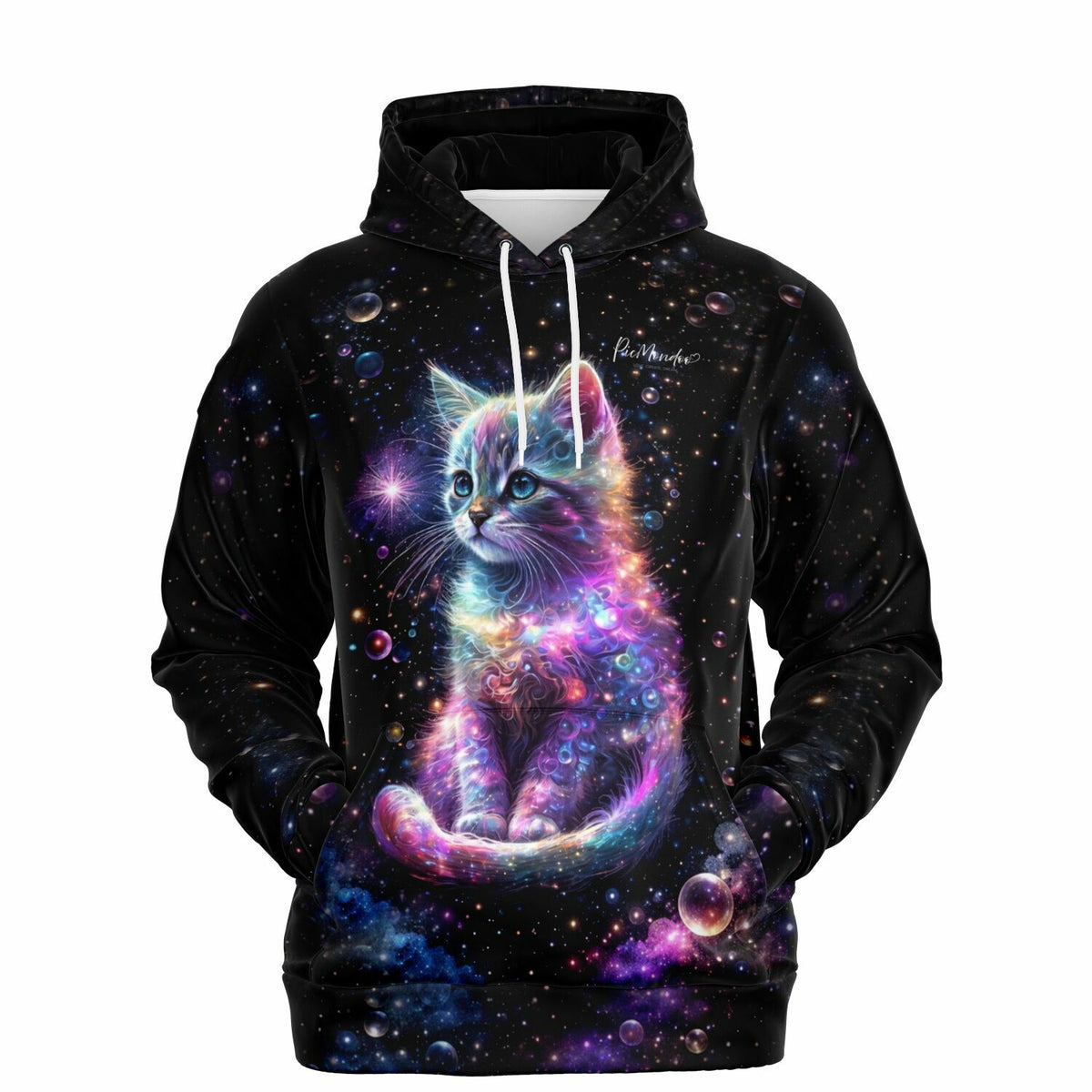 Schwarzer Dreamer Hoodie mit buntem Kätzchen im Weltraum-Design, inspiriert von Diamond Painting und Malen nach Zahlen