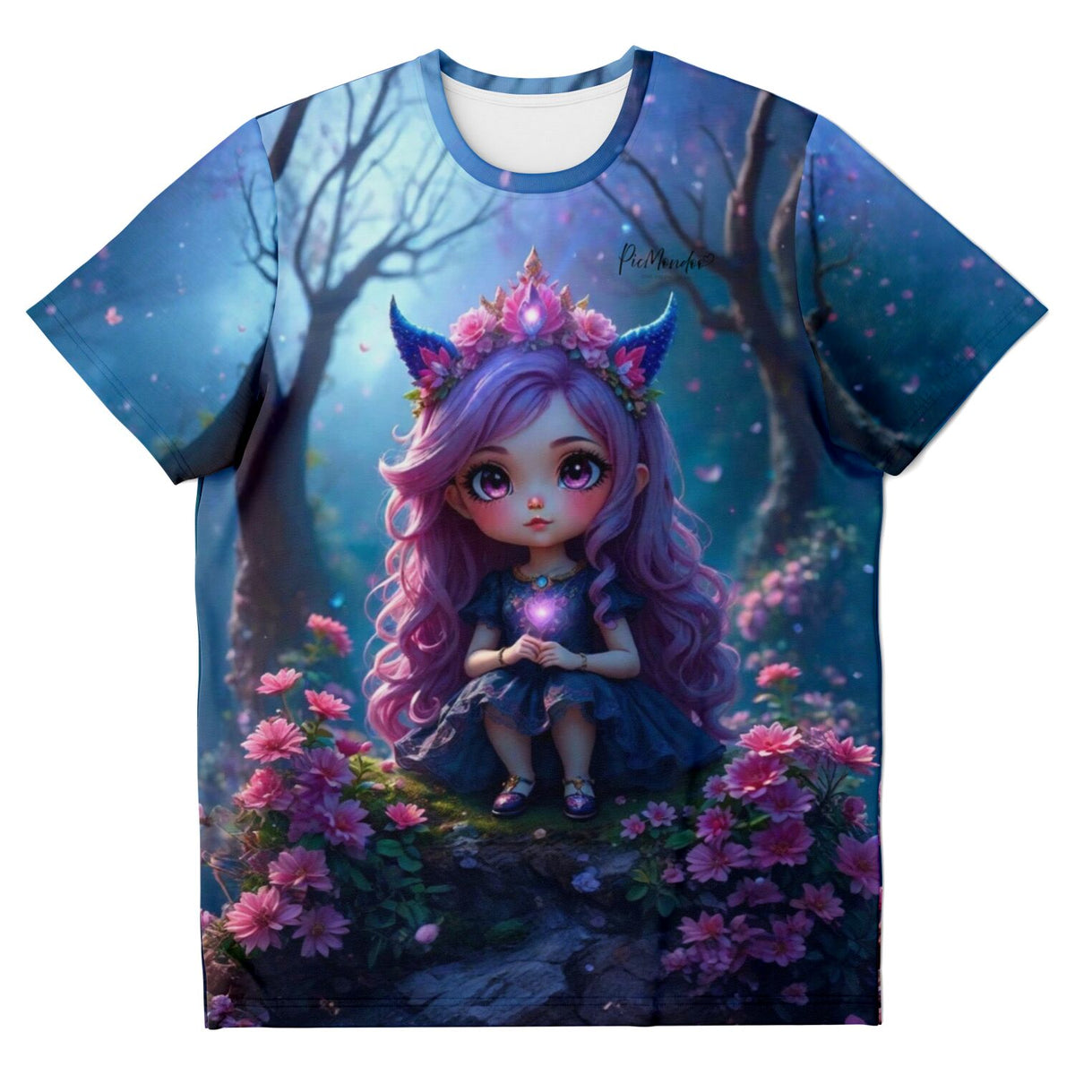 T-Shirt mit Little Violett Motiv im Diamond Painting Look, verträumte Fee in Blumenlandschaft für Fans von Malen nach Zahlen