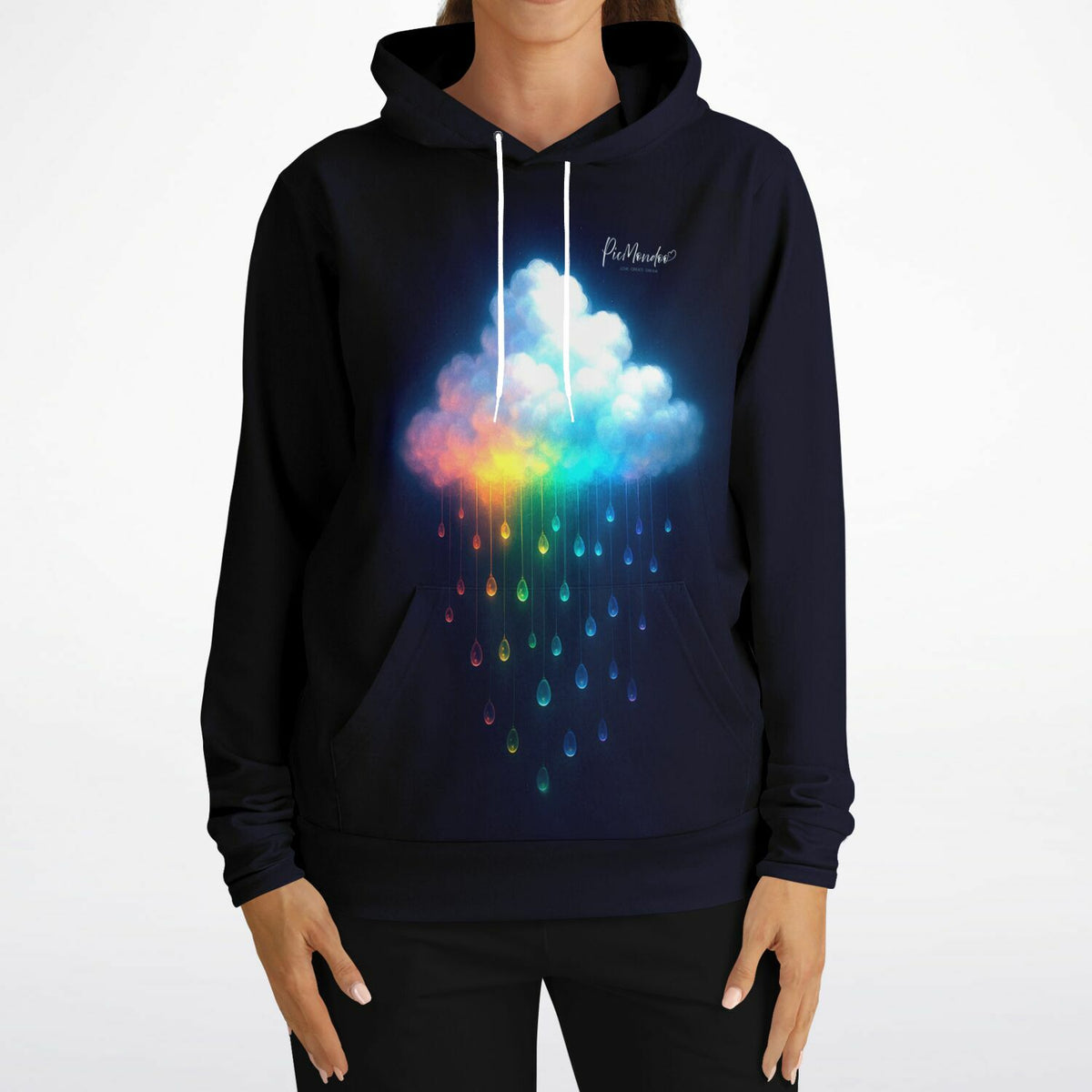 Schwarzer Picmondoo Hoodie mit leuchtendem Regenbogenwolken-Design, inspiriert von Diamond Painting Kunstmotiven