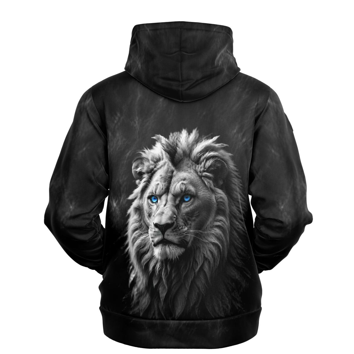 Schwarzer Hoodie mit Löwen Motiv: Hochwertiger Druck eines majestätischen Löwenkopfes mit leuchtend blauen Augen.
