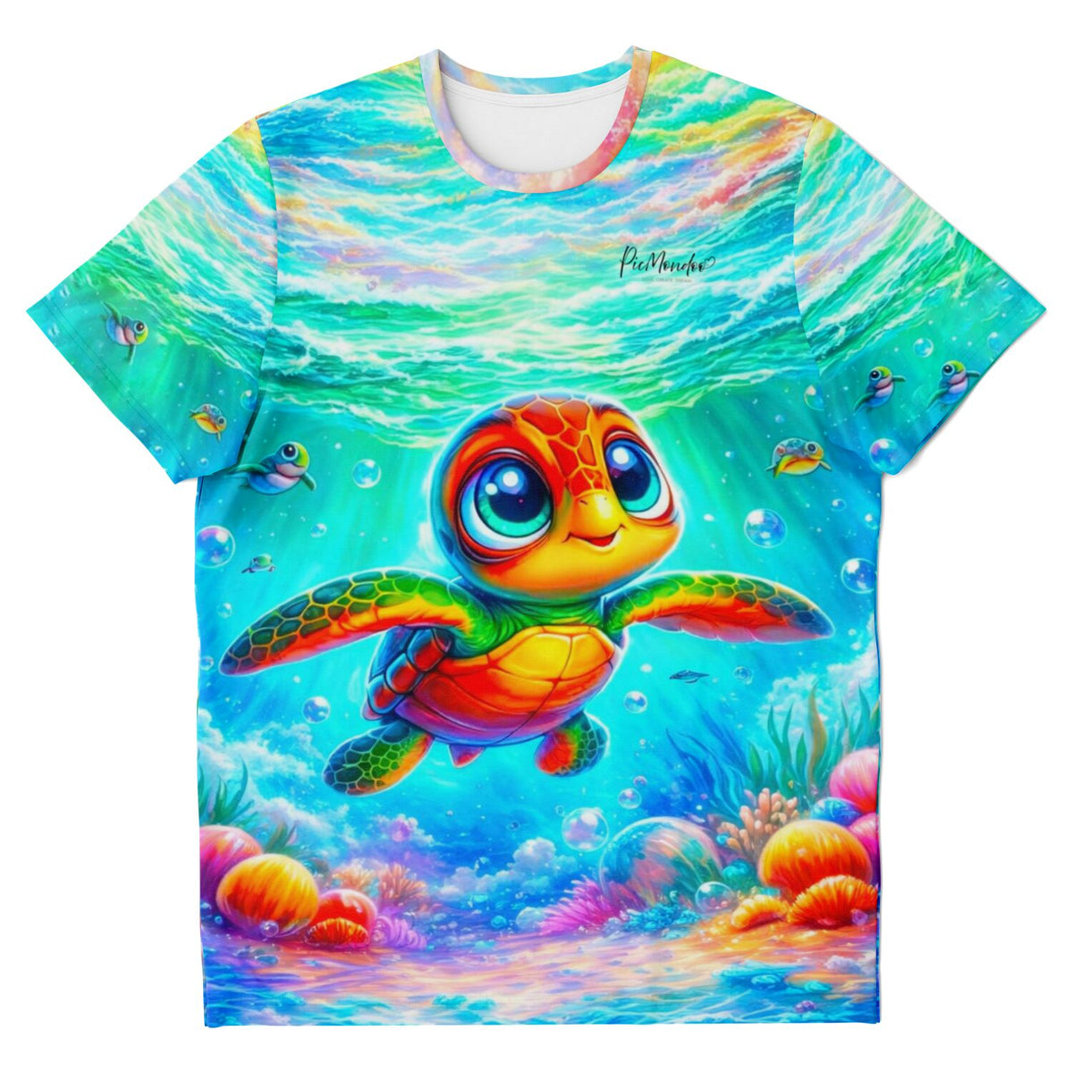 T-Shirt mit buntem Lotta Meeresschildkröten-Motiv, inspiriert von lebendigen Farben beliebter Diamond Painting Kunstwerke.