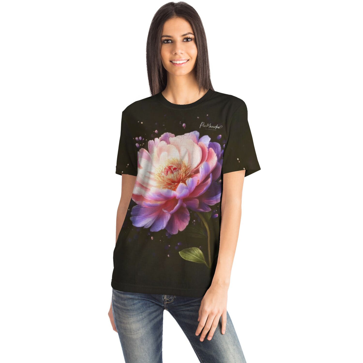 Schwarzes Dreamer T-Shirt mit Pfingstrosen-Motiv „Flüstern der Pfingstrose“ für Kunst- und DIY-Fans von Picmondoo
