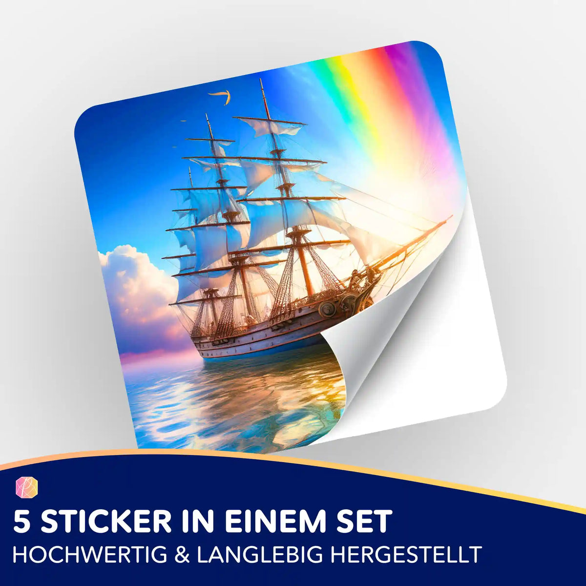 5er-Set Sticker Freiheit auf See mit Segelschiff unter Regenbogen als Zubehör für Diamond Painting und Bastelbedarf