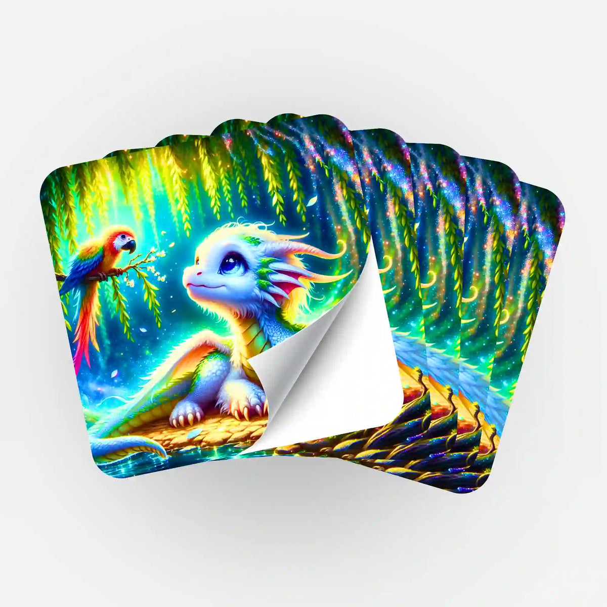 5er-Set Taru Aufkleber für Diamond Painting Zubehör mit farbenfrohem Drachen-Motiv und Papagei in magischer Wald-Kulisse.