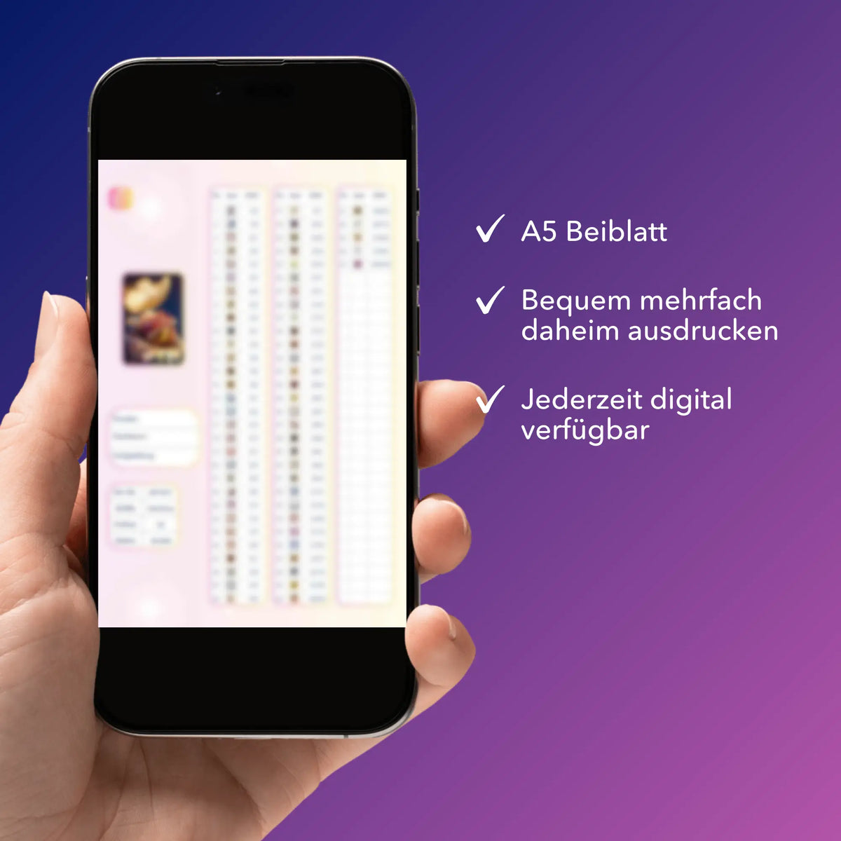 Digitale Diamond Painting Bildmappe als PDF auf Smartphone zur einfachen Verwaltung deines Diamanten Painting Sets.