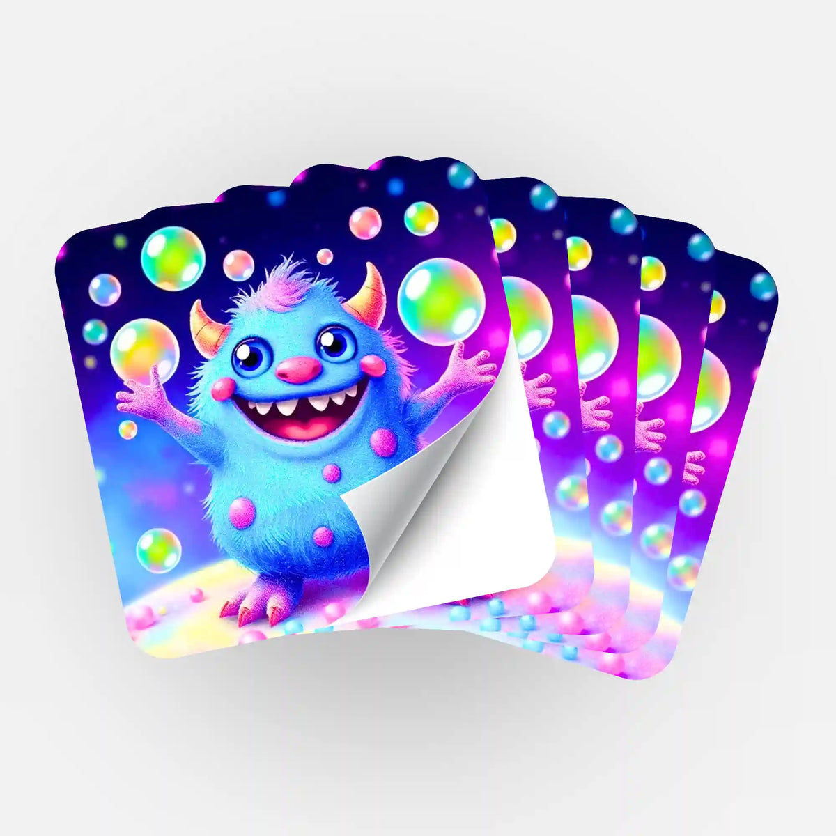 Fünf Picmondoo Aufkleber mit blauem Monster-Motiv und Seifenblasen zur Organisation von Diamond Painting Sets