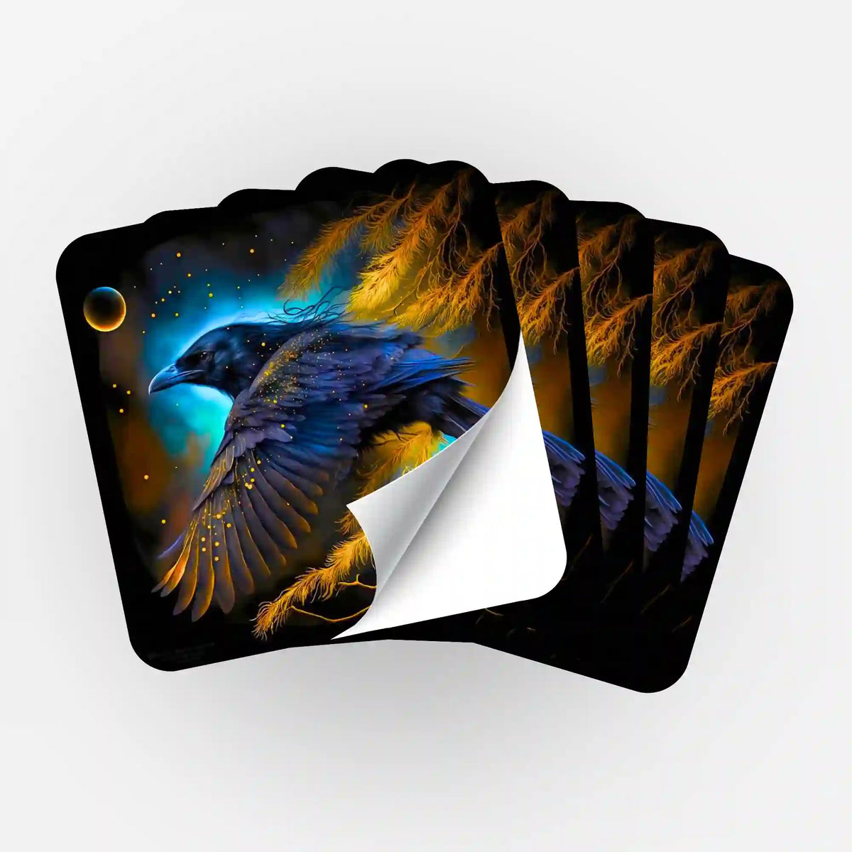 Fünfer-Set Hexenrabe Aufkleber für Diamond Painting Organisation mit mystischem Raben Motiv in gold-blauen Farben.